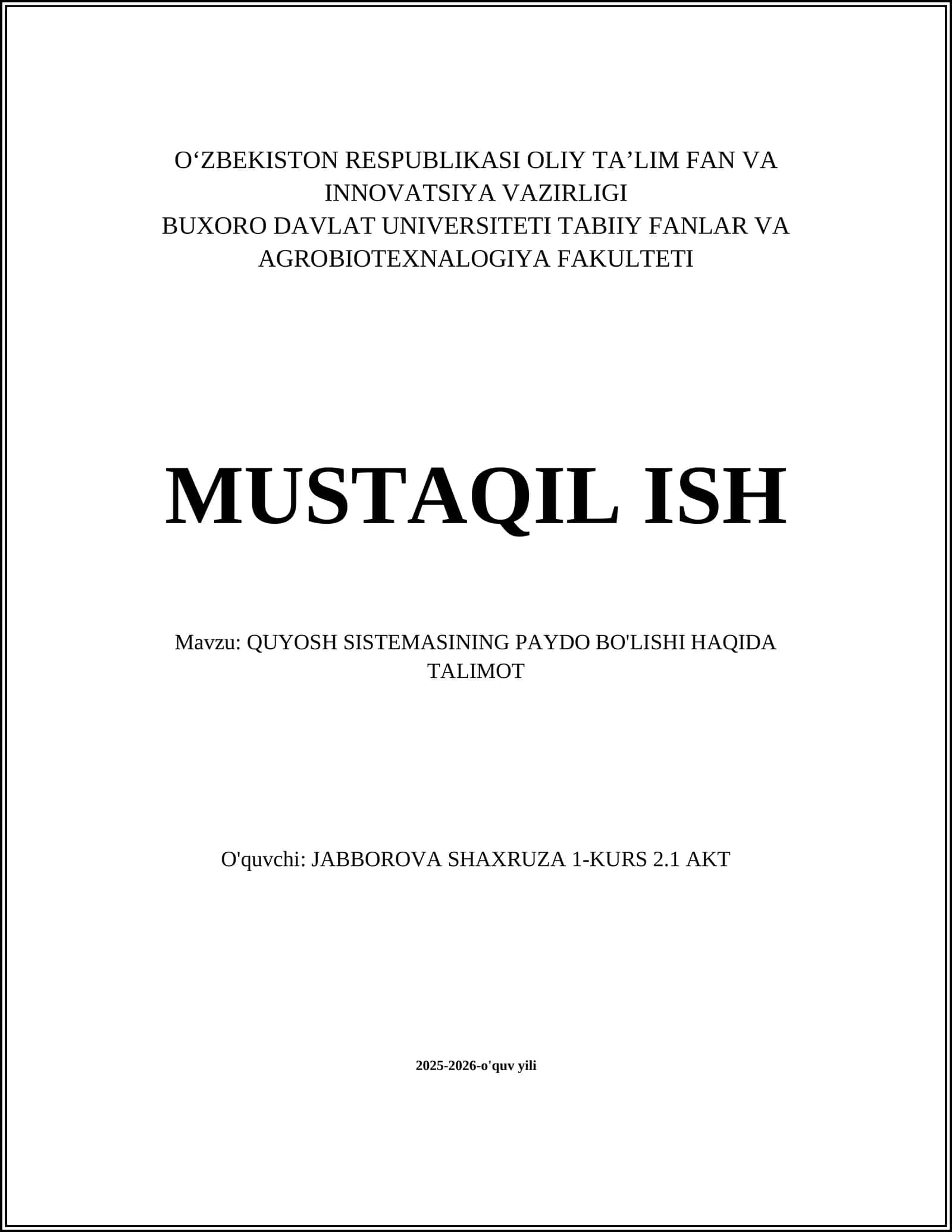 QUYOSH SISTEMASINING PAYDO BO'LISHI HAQIDA TALIMOT 1
