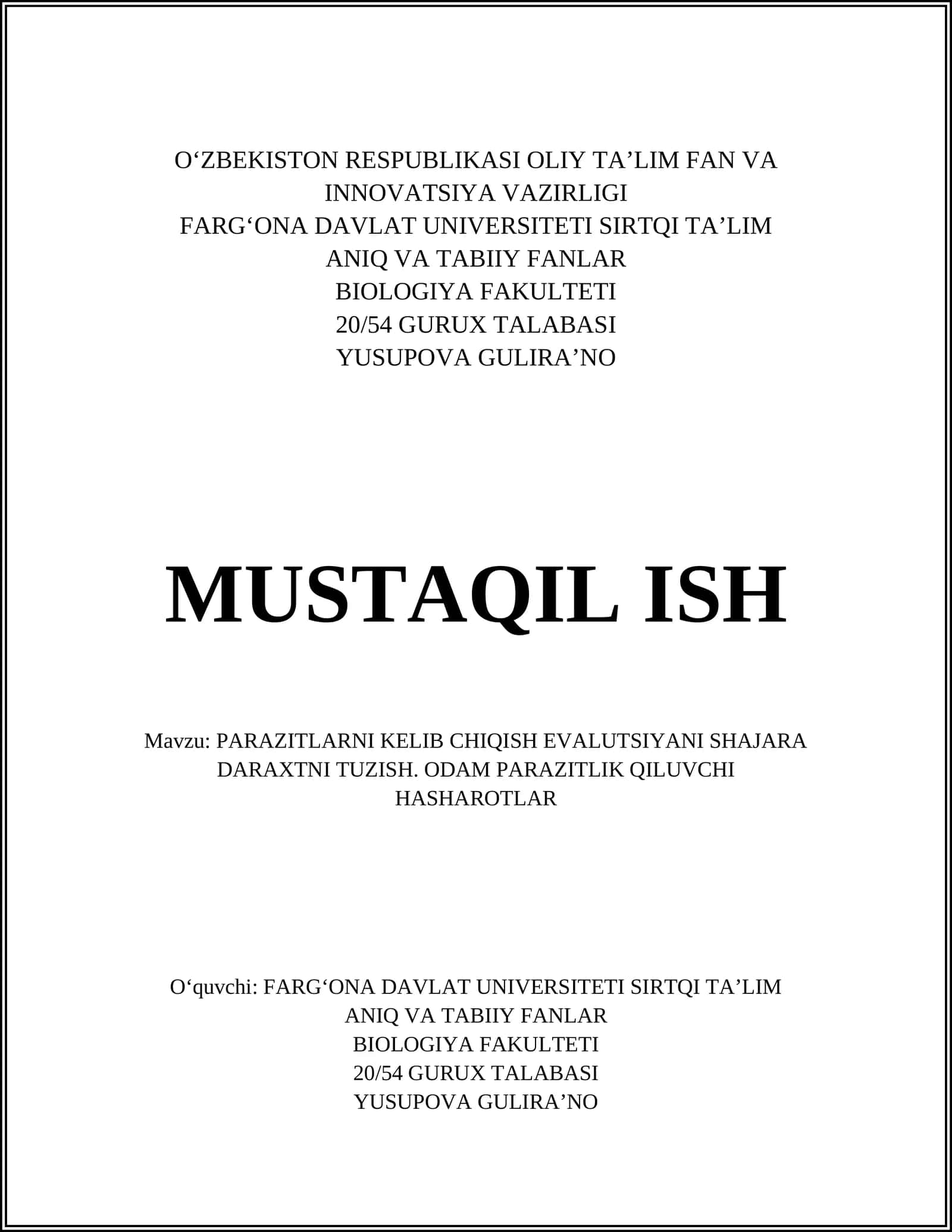 PARAZITLARNI KELIB CHIQISH EVALUTSIYANI SHAJARA DARAXTNI TUZISH. ODAM PARAZITLIK QILUVCHI HASHAROTLAR 1