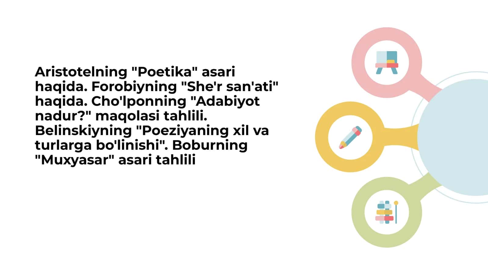 Aristotelning "Poetika" asari haqida. Forobiyning "She'r san'ati" haqida. Cho'lponning "Adabiyot nadur?" maqolasi tahlili. Belinskiyning "Poeziyaning xil va turlarga bo'linishi". Boburning "Muxyasar" asari tahlili 1