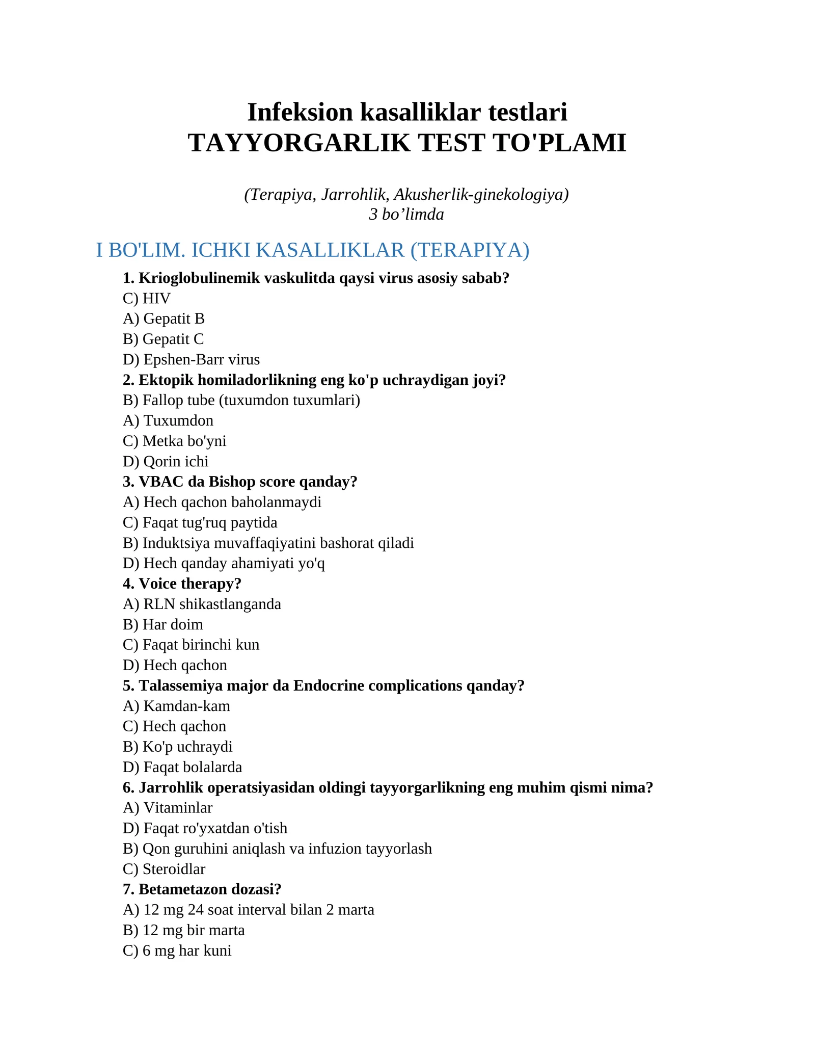 TAYYORGARLIK TEST TO'PLAMI 1