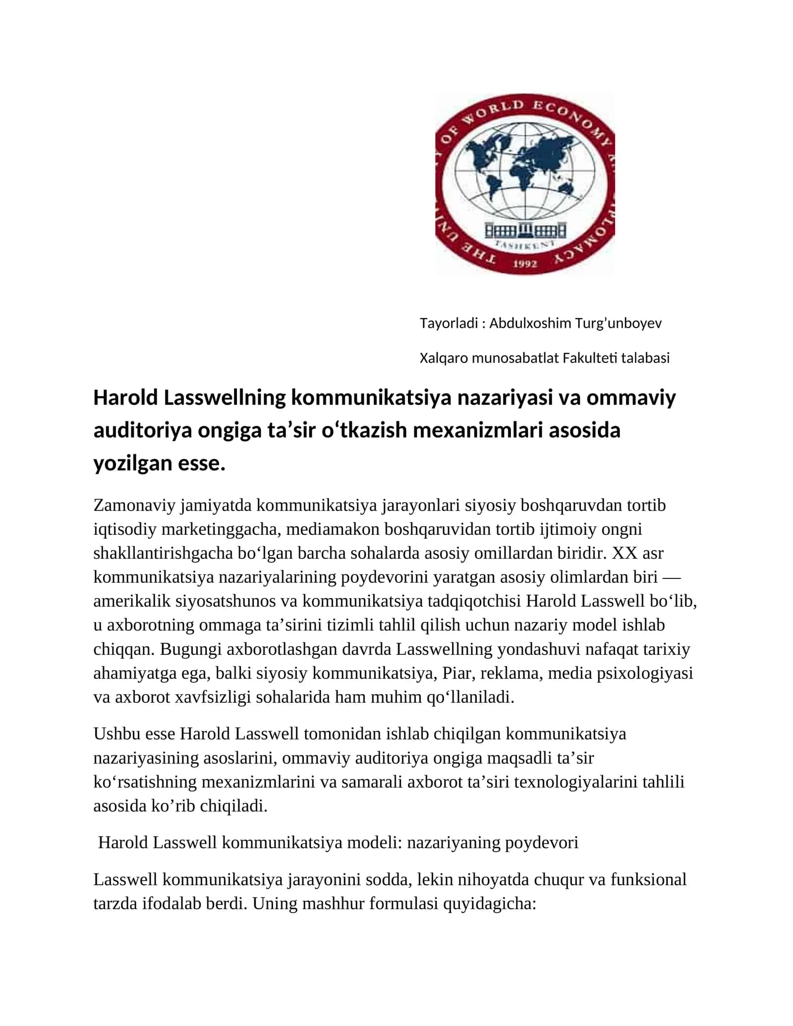 Kommunikatsiya nazariyasi va ommaviy auditoriya ongiga ta’sir o‘tkazish mexanizmlari 1