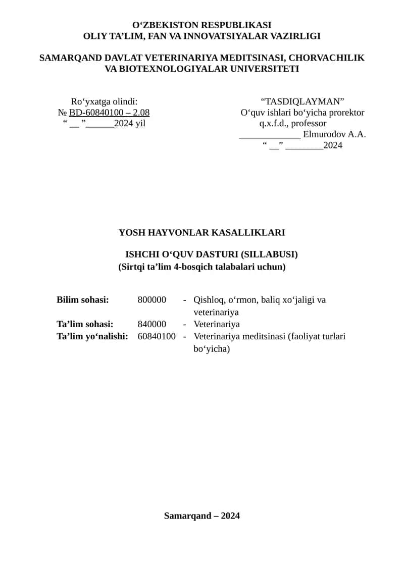 YOSH HAYVONLAR KASALLIKLARI ISHCHI OʻQUV DASTURI (SILLABUSI) 1