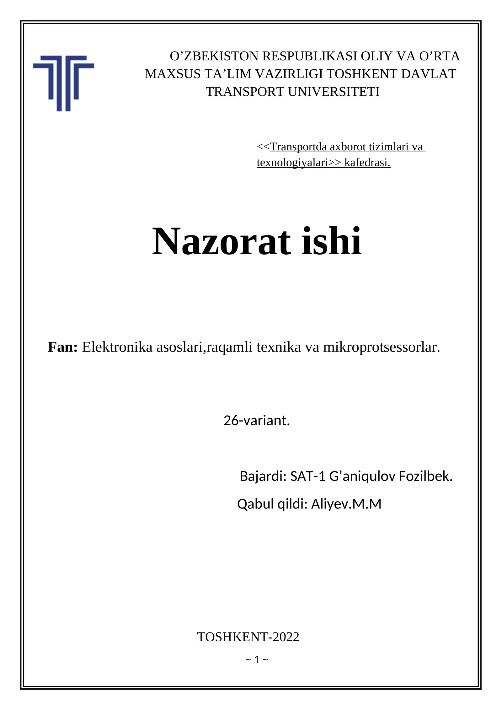 Transportda axborot tizimlari va texnologiyalari kafedrasi 1