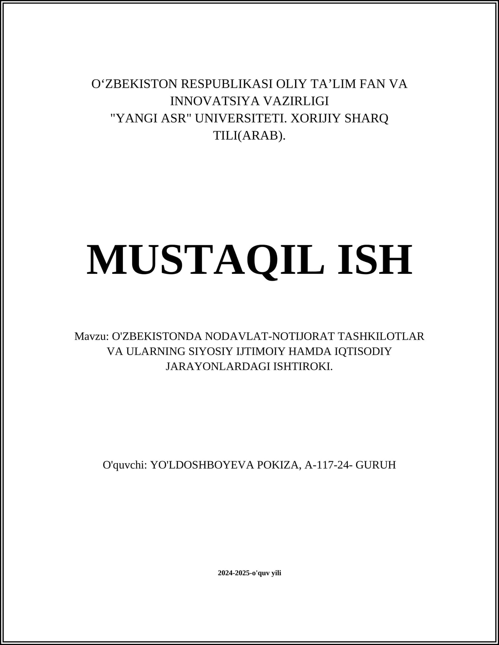 O'ZBEKISTONDA NODAVLAT-NOTIJORAT TASHKILOTLAR VA ULARNING SIYOSIY IJTIMOIY HAMDA IQTISODIY JARAYONLARDAGI ISHTIROKI 1