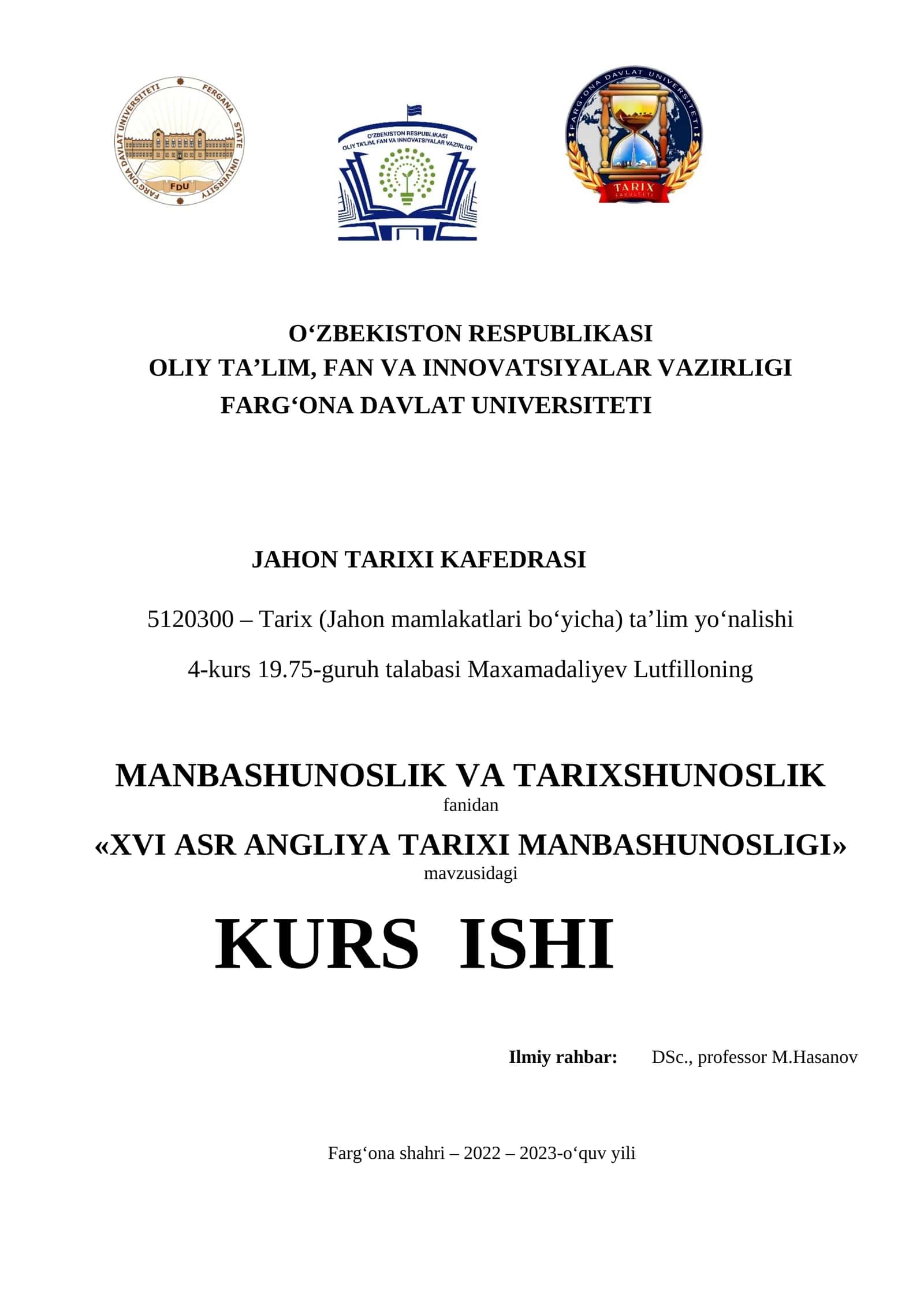 XVI ASR ANGLIYA TARIXI MANBASHUNOSLIGI 1