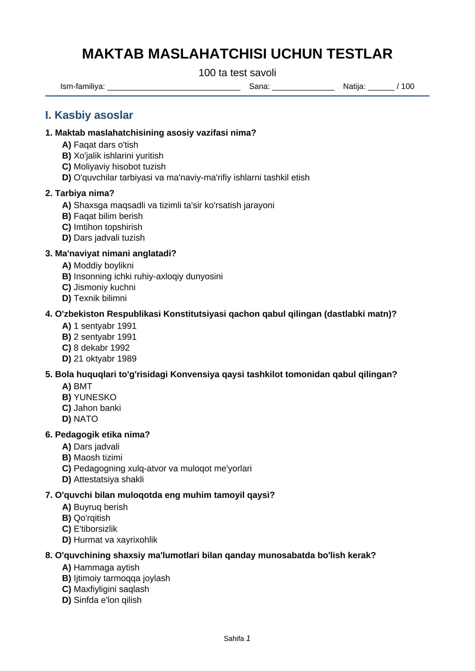 MAKTAB MASLAHATCHISI UCHUN TESTLAR 1