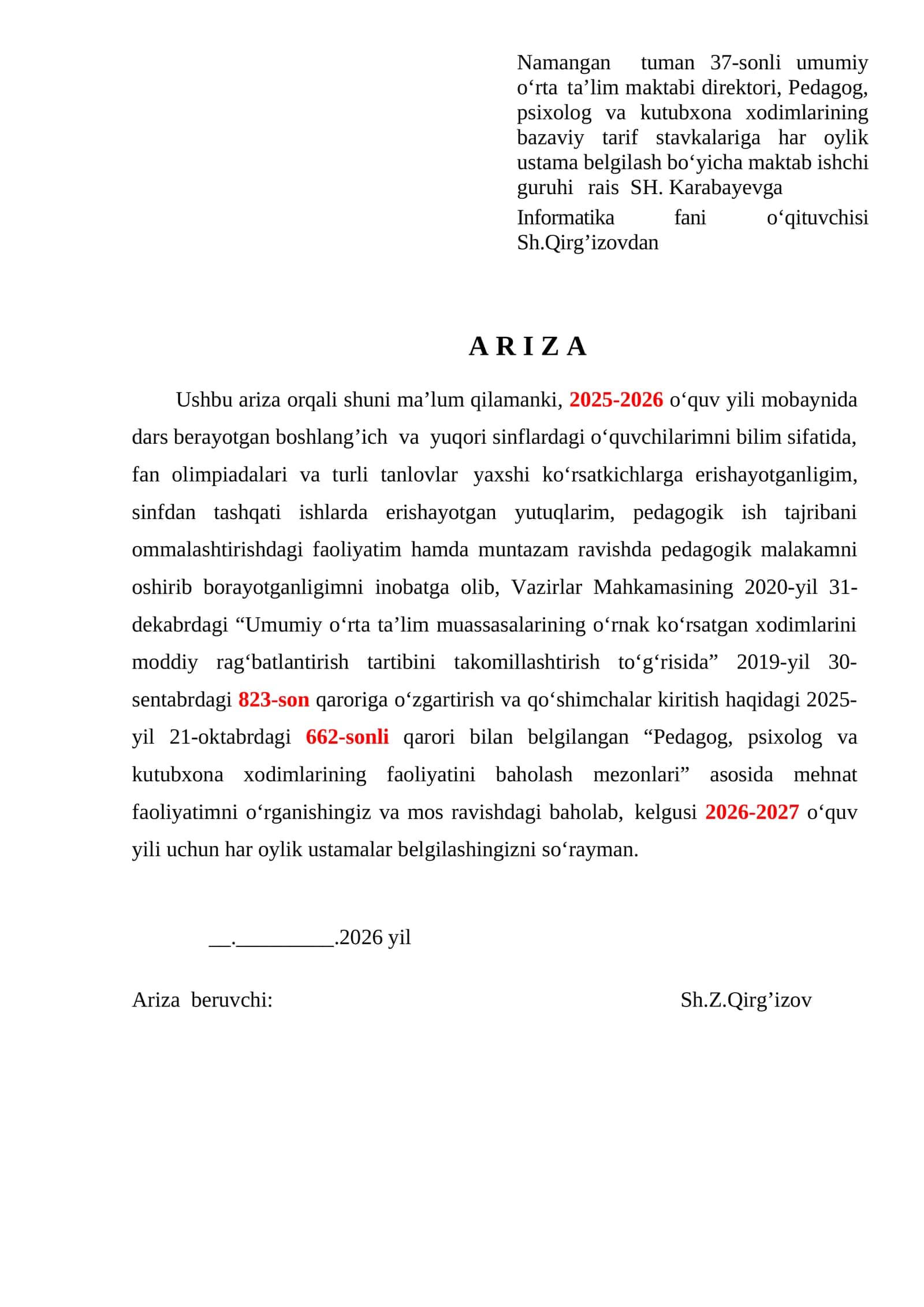 Informatika fani o‘qituvchisi Sh.Qirg’izovdan 1