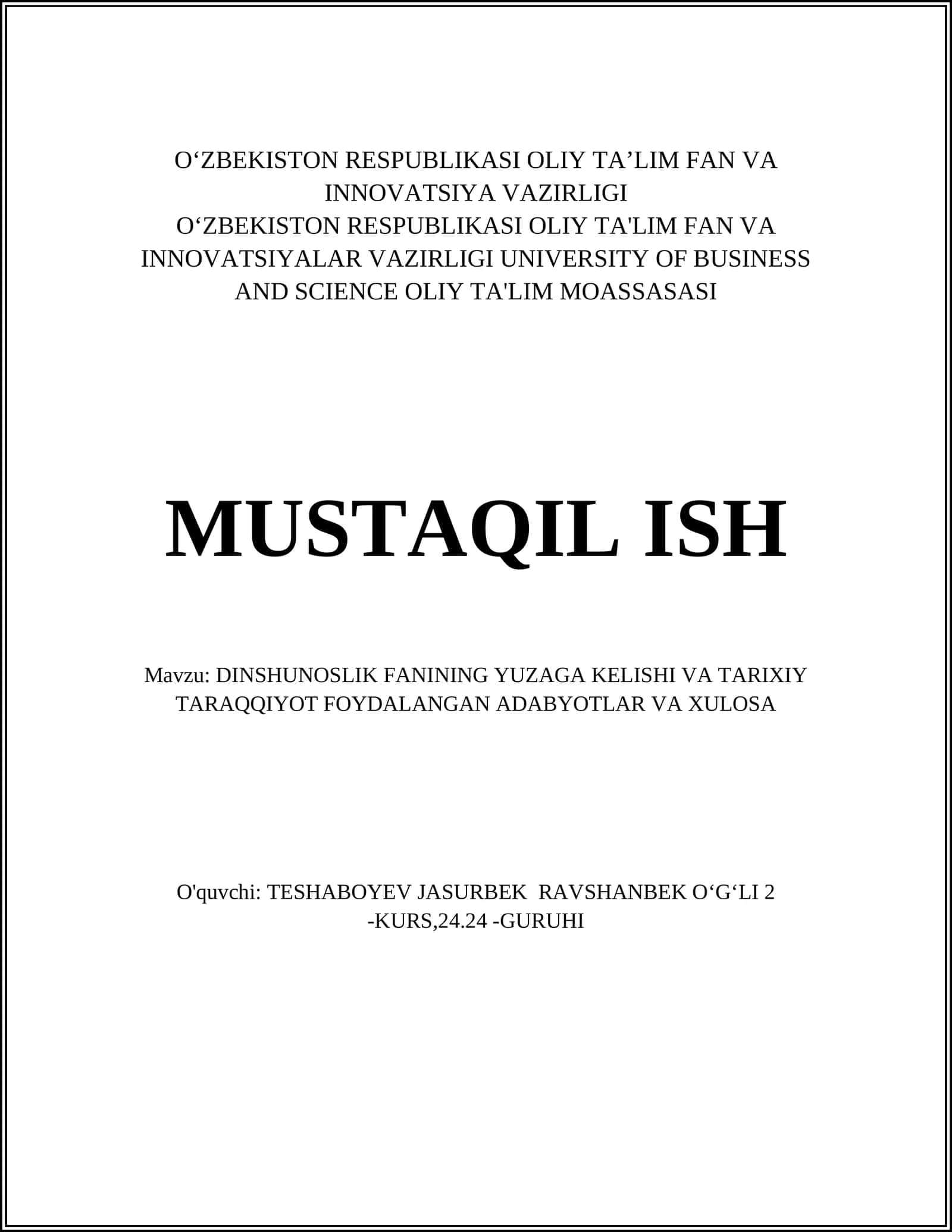DINSHUNOSLIK FANINING YUZAGA KELISHI VA TARIXIY TARAQQIYOT FOYDALANGAN ADABYOTLAR VA XULOSA 1