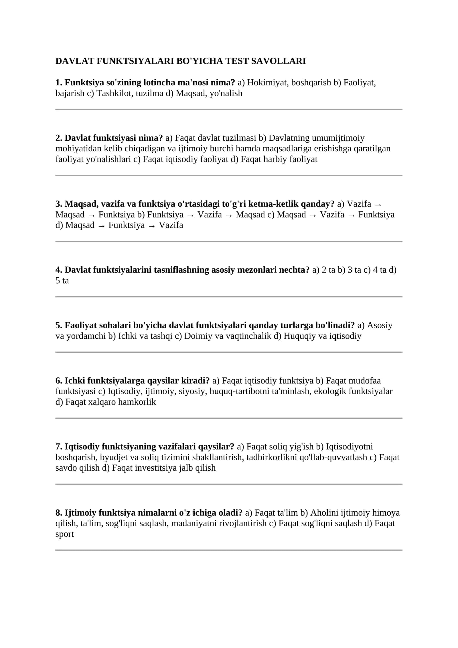 Davlat Funktsionalari Bo'yicha Test Savollari 1