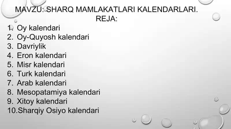 SHARQ MAMLAKATLARI KALENDARLARI 1