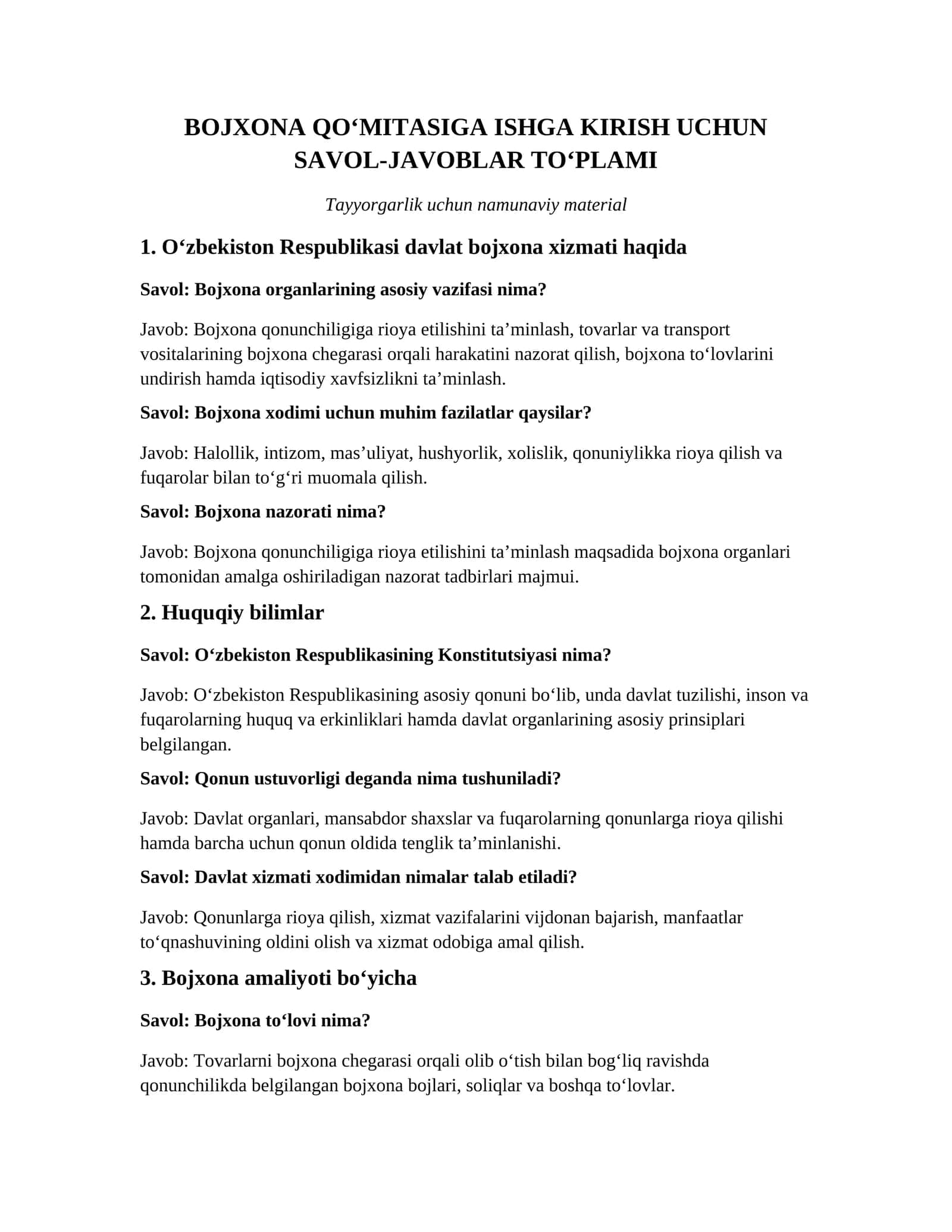Bojxona qo'mitasiga ishqa kirish uchun savol javoblar to'plami 1