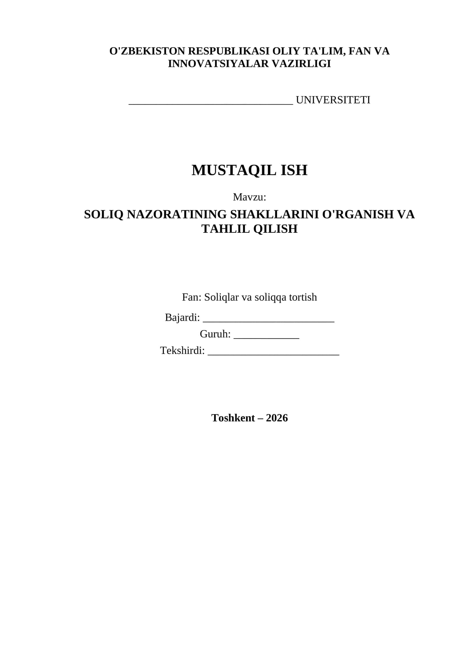 SOLIQ NAZORATINING SHAKLLARINI O'RGANISH VA TAHLIL QILISH 1