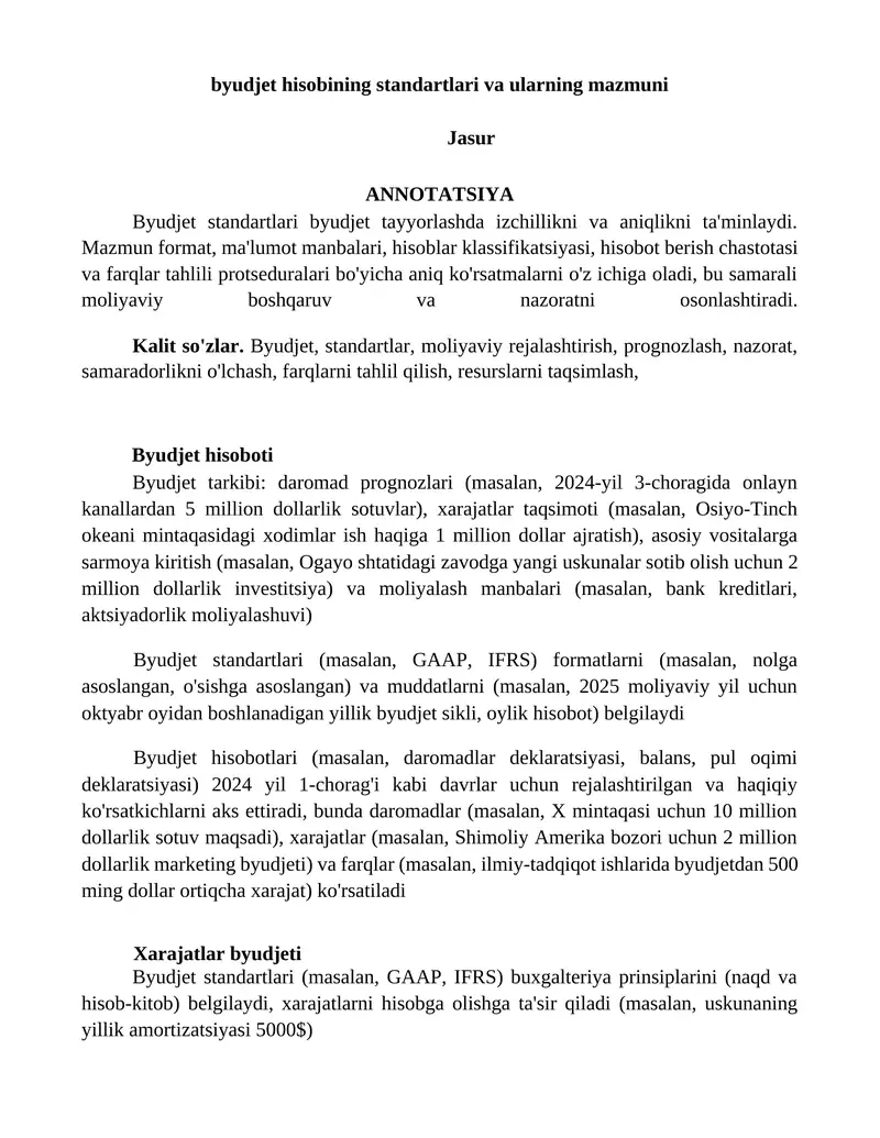 Byudjet hisobining standartlari va ularning mazmuni 1