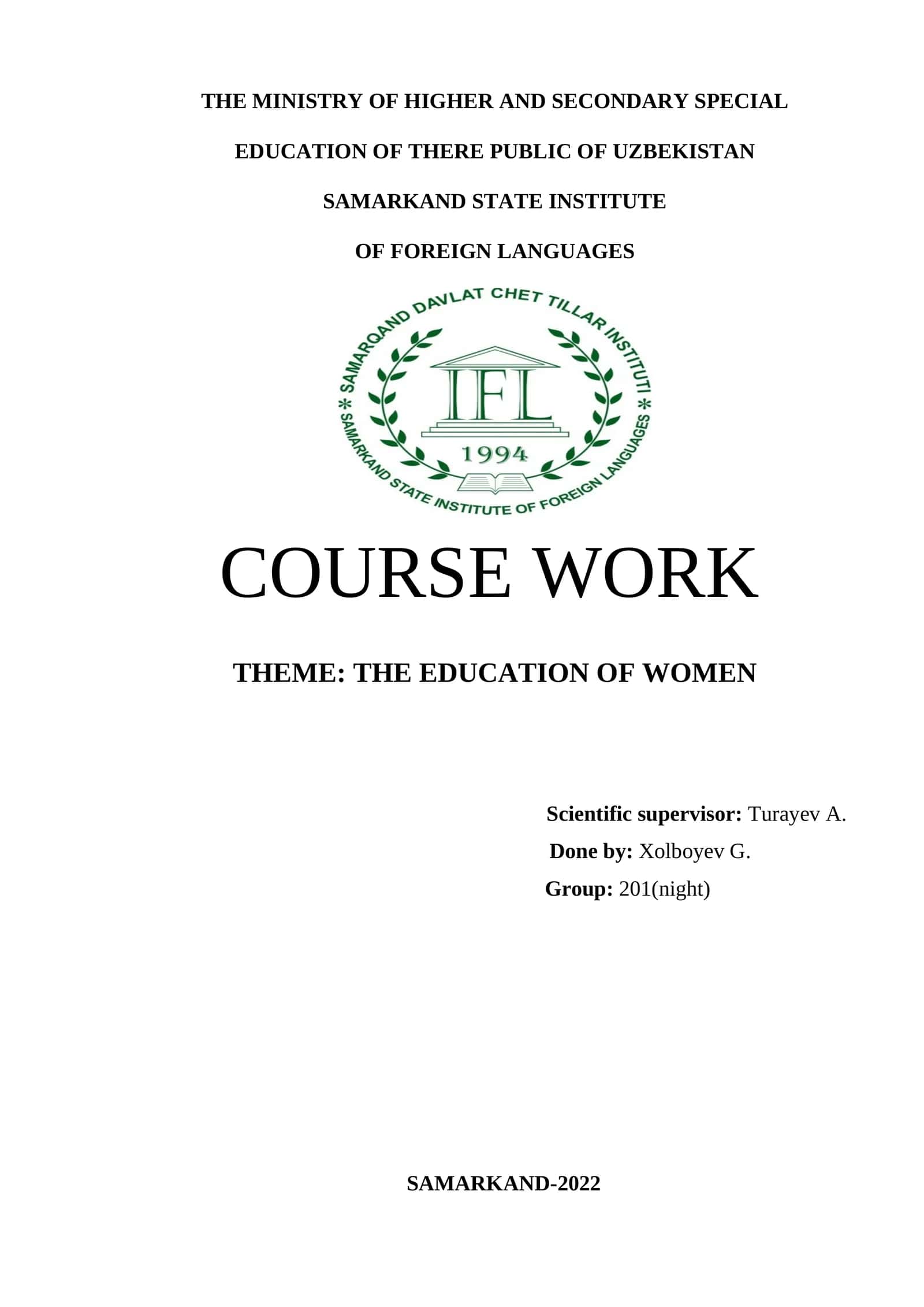 KURS ISHLARI: THE EDUCATION OF WOMEN 1