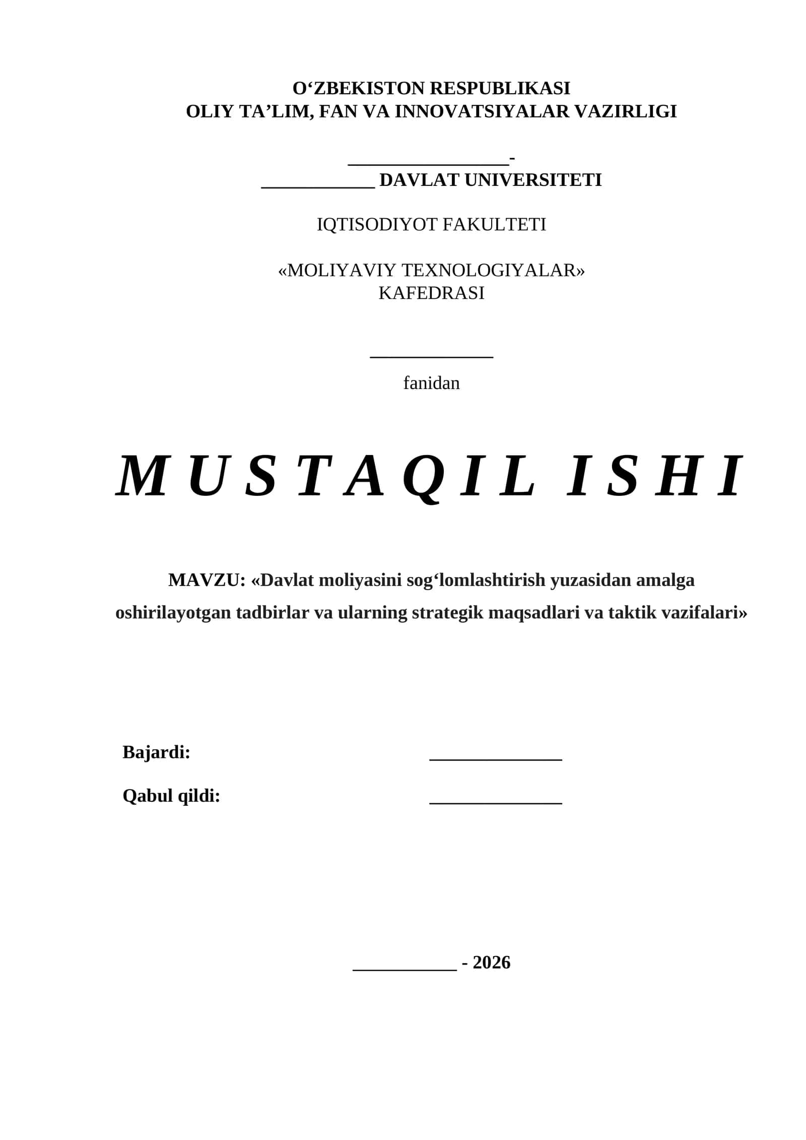 Davlat moliyasini sog‘lomlashtirish yuzasidan amalga oshirilayotgan tadbirlar va ularning strategik maqsadlari va taktik vazifalari 1