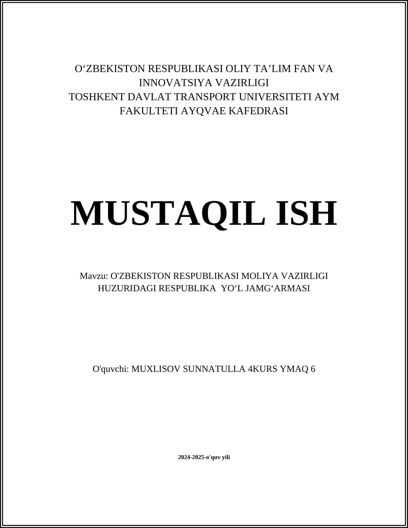 O'ZBEKISTON RESPUBLIKASI MOLIYA VAZIRLIGI HUZURIDAGI RESPUBLIKA YO‘L JAMG‘ARMASI 1