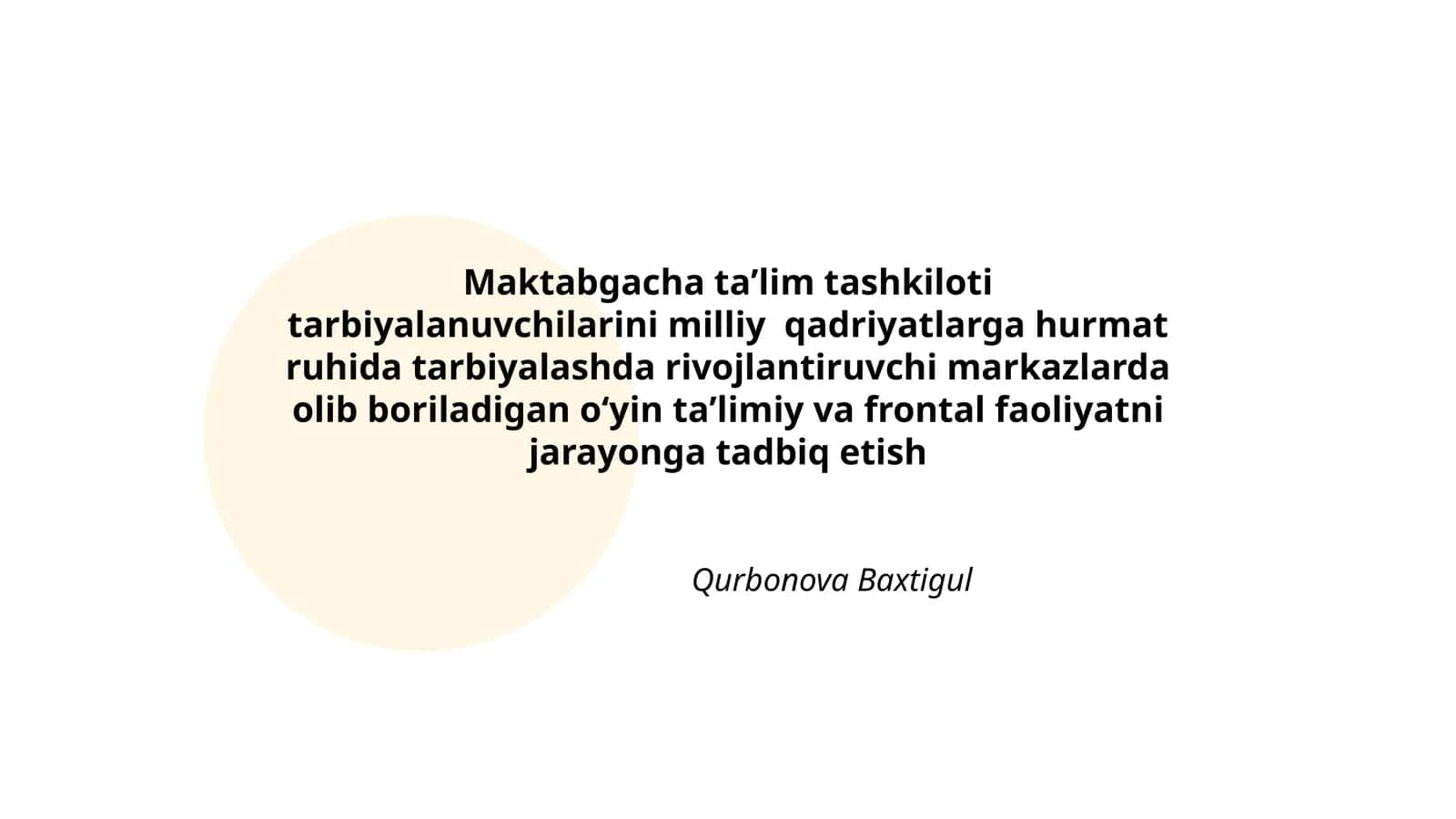 Maktabgacha taʼlim tashkiloti tarbiyalanuvchilarini milliy qadriyatlarga hurmat ruhida tarbiyalashda rivojlantiruvchi markazlarda olib boriladigan oʻyin taʼlimiy va frontal faoliyatni jarayonga tadbiq etish Qurbonova Baxtigul 1