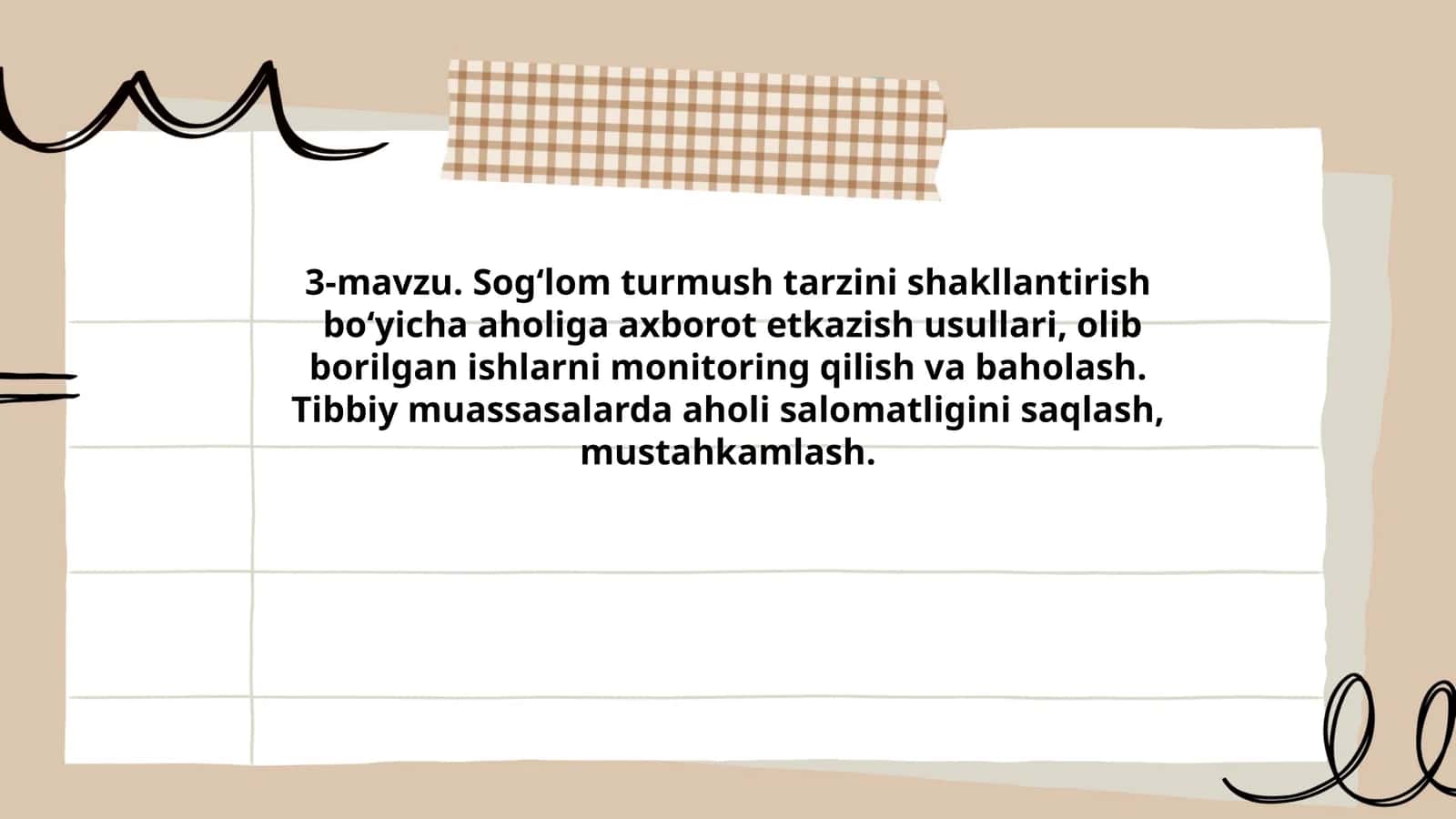 Sog‘lom turmush tarzini shakllantirish bo‘yicha aholiga axborot etkazish usullari, olib borilgan ishlarni monitoring qilish va baholash 1