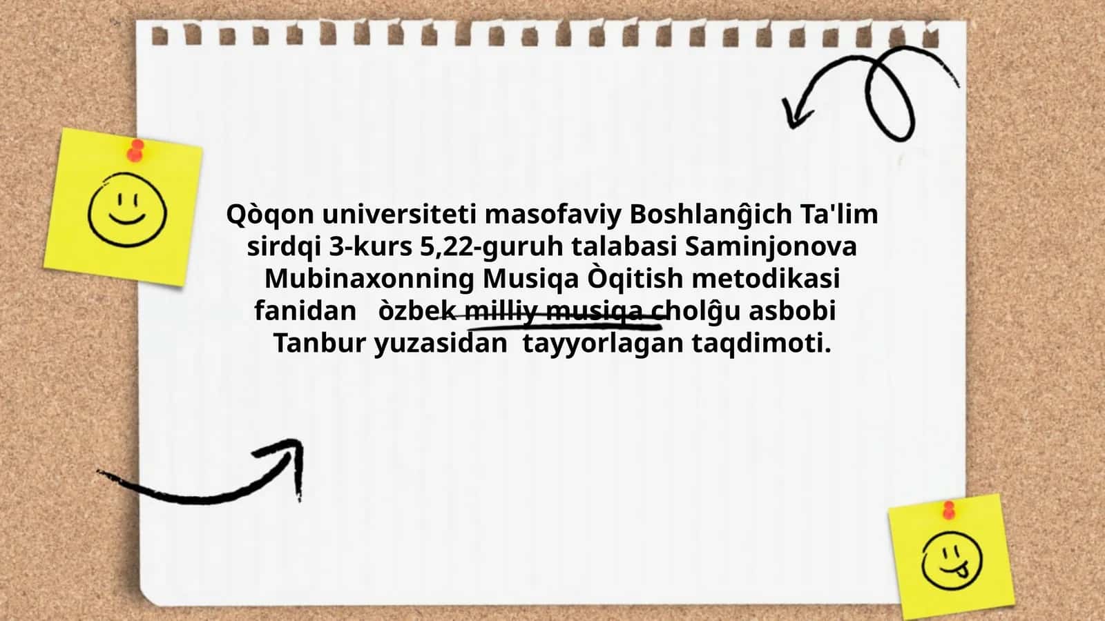 Musiqa Òqitish metodikasi fanidan òzbek milliy musiqa cholĝu asbobi Tanbur yuzasidan tayyorlagan taqdimoti 1