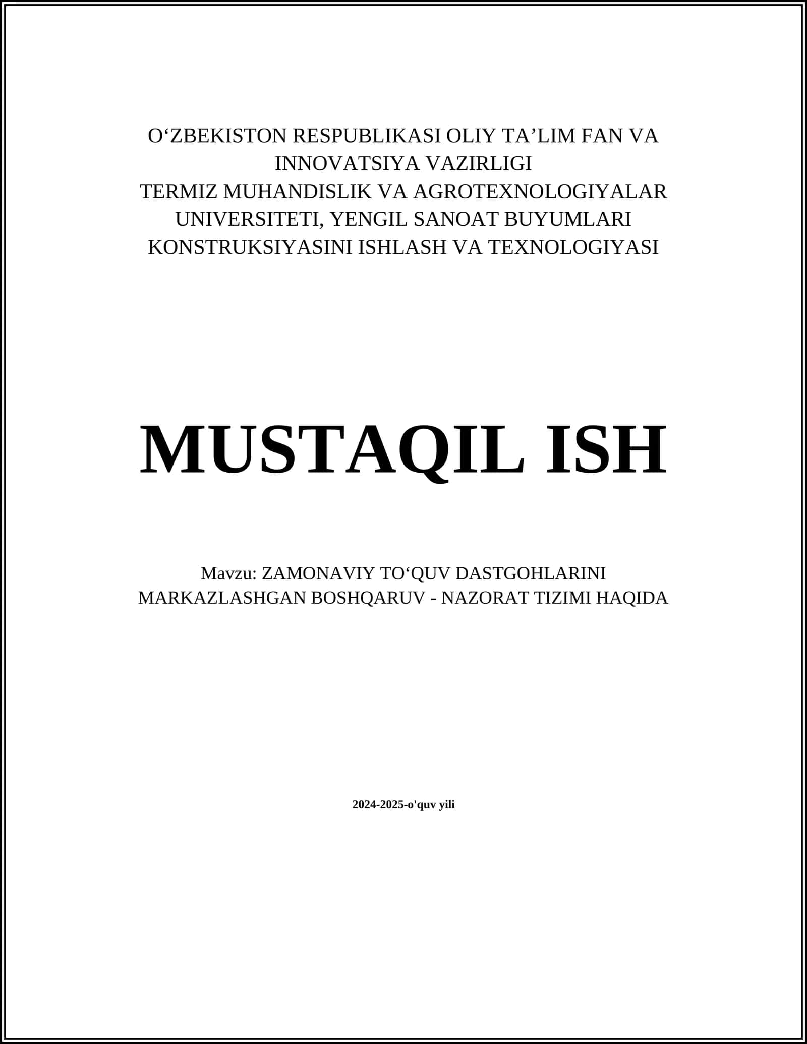ZAMONAVIY TOʻQUV DASTGOHLARINI MARKAZLASHGAN BOSHQARUV - NAZORAT TIZIMI HAQIDA 1