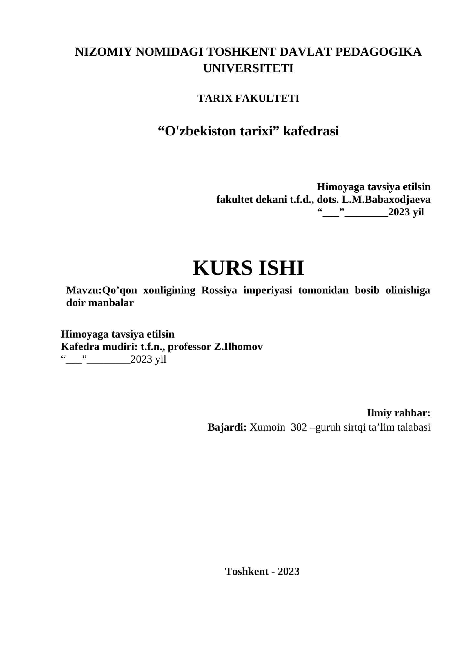 Kurs ishi Mavzu:Qo’qon xonligining Rossiya imperiyasi tomonidan bosib olinishiga doir manbalar 1
