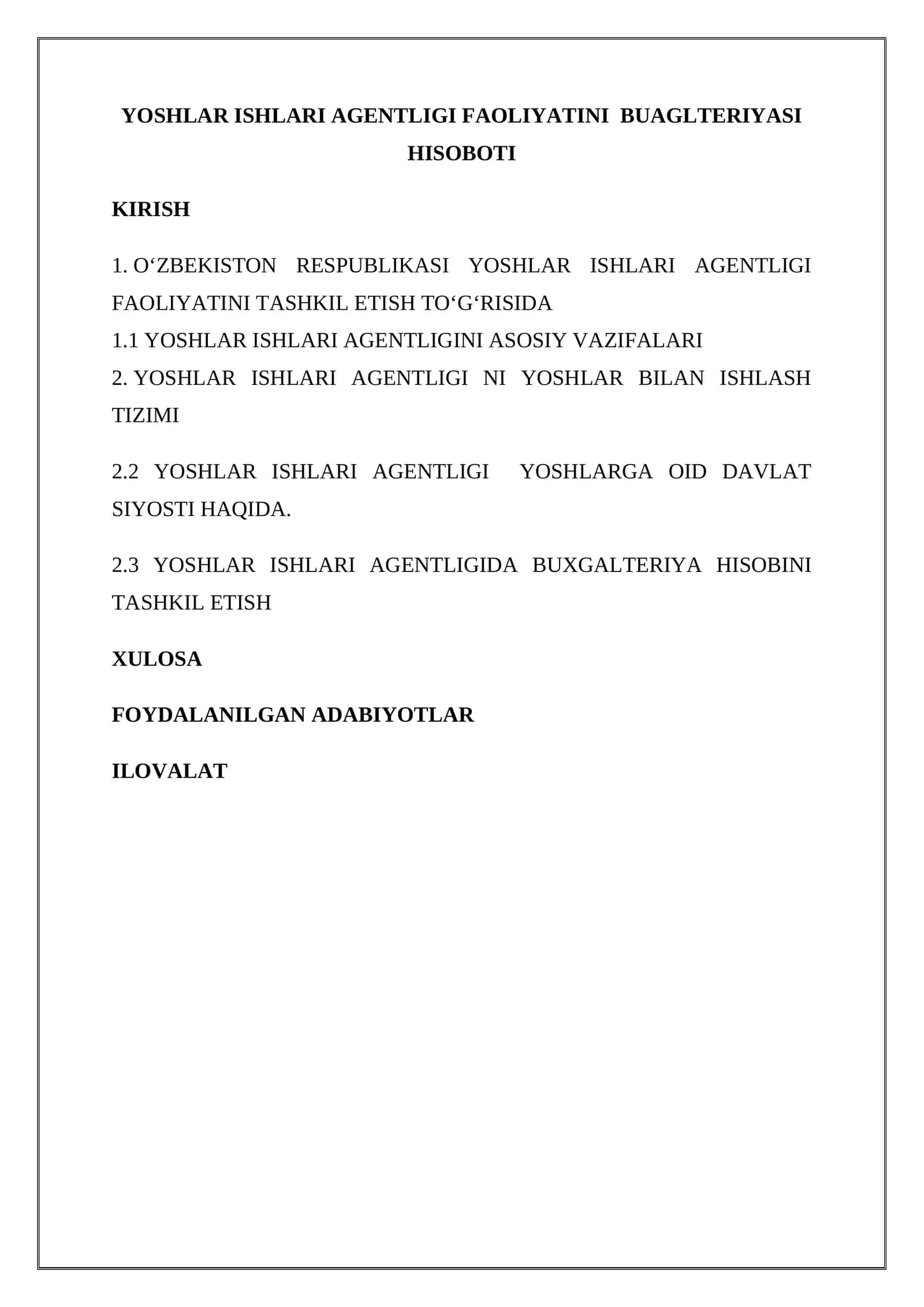 Yoshlar ishlari agentligi faoliyatini BUAGLTERIYASI HISOBOTI 1