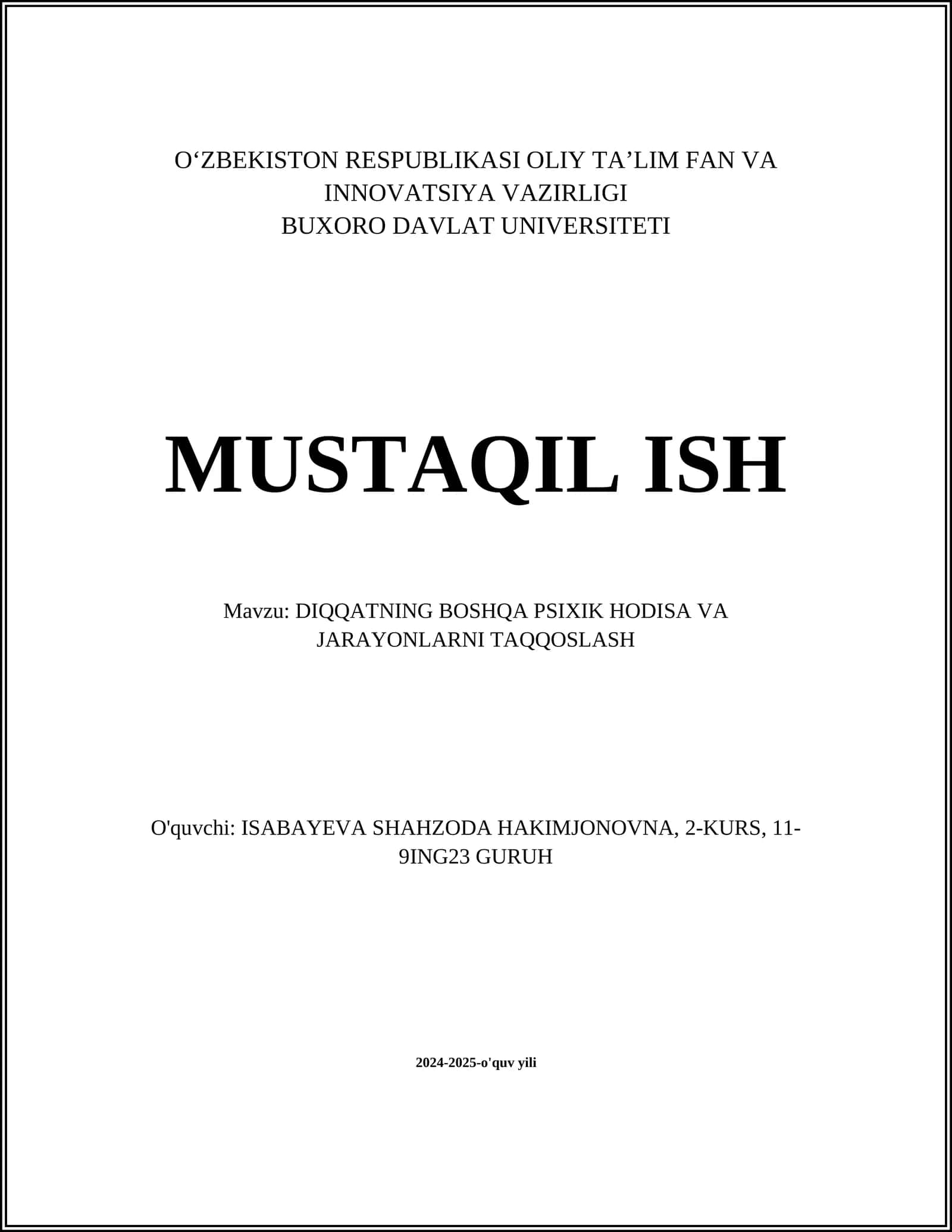 DIQQATNING BOSHQA PSIXIK HODISA VA JARAYONLARNI TAQQOSLASH 1