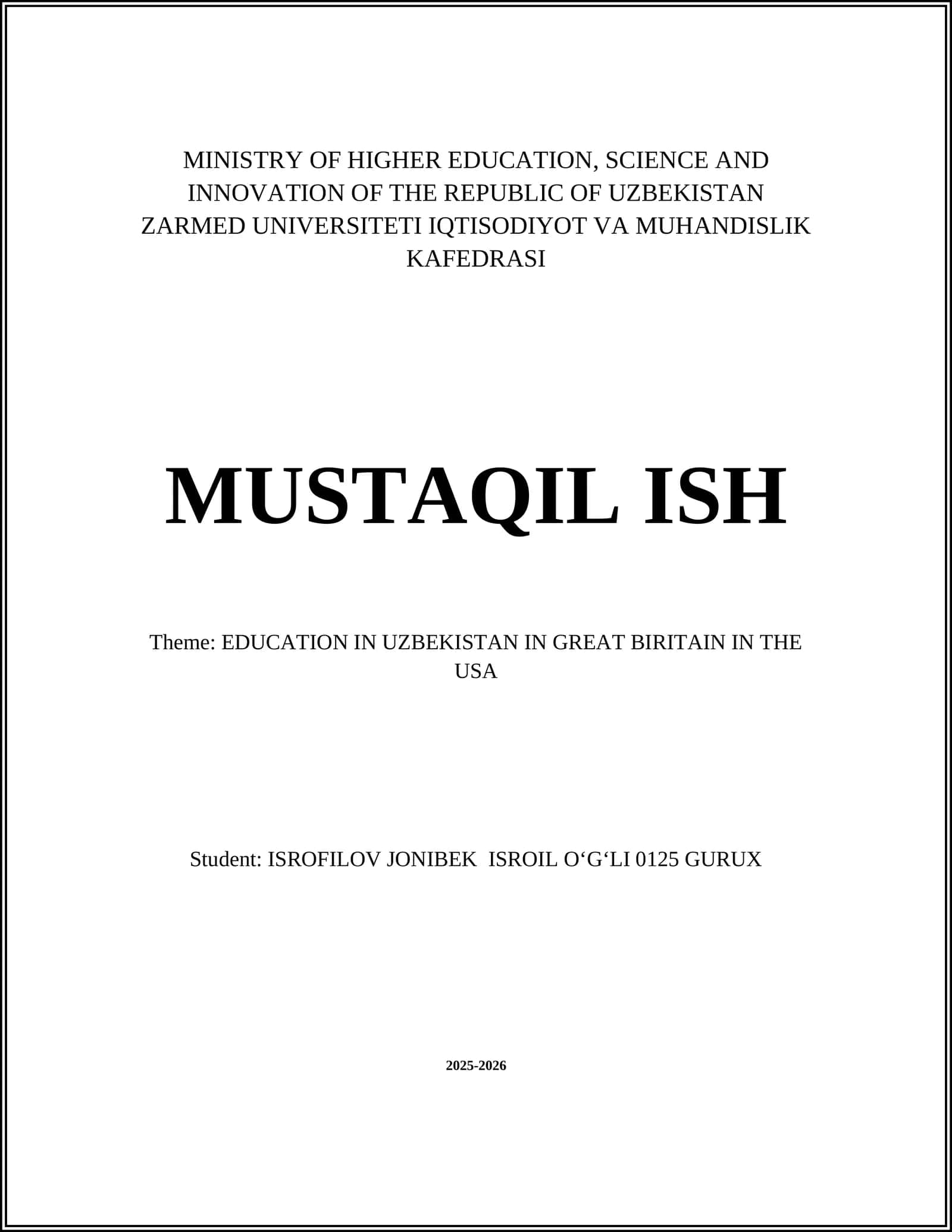 ZARMED UNIVERSITETI IQTISODIYOT VA MUHANDISLIK KAFEDRASI 1