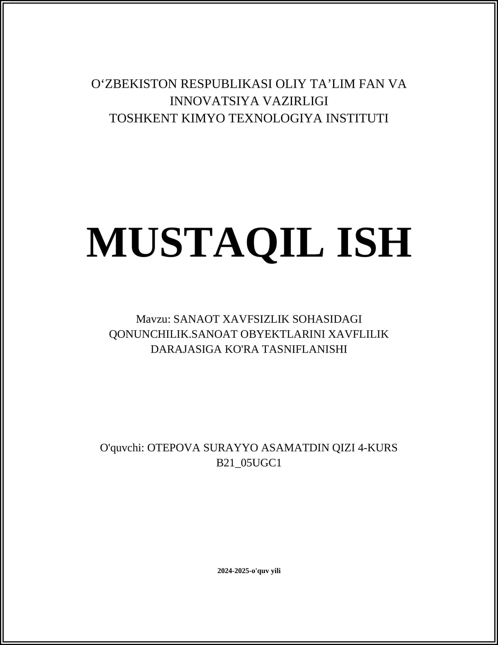 SANOAT XAVFSIZLIK SOHASIDAGI QONUNCHILIK.SANOAT OBYEKTLARINI XAVFLILIK DARAJASIGA KO'RA TASNIFLANISHI 1