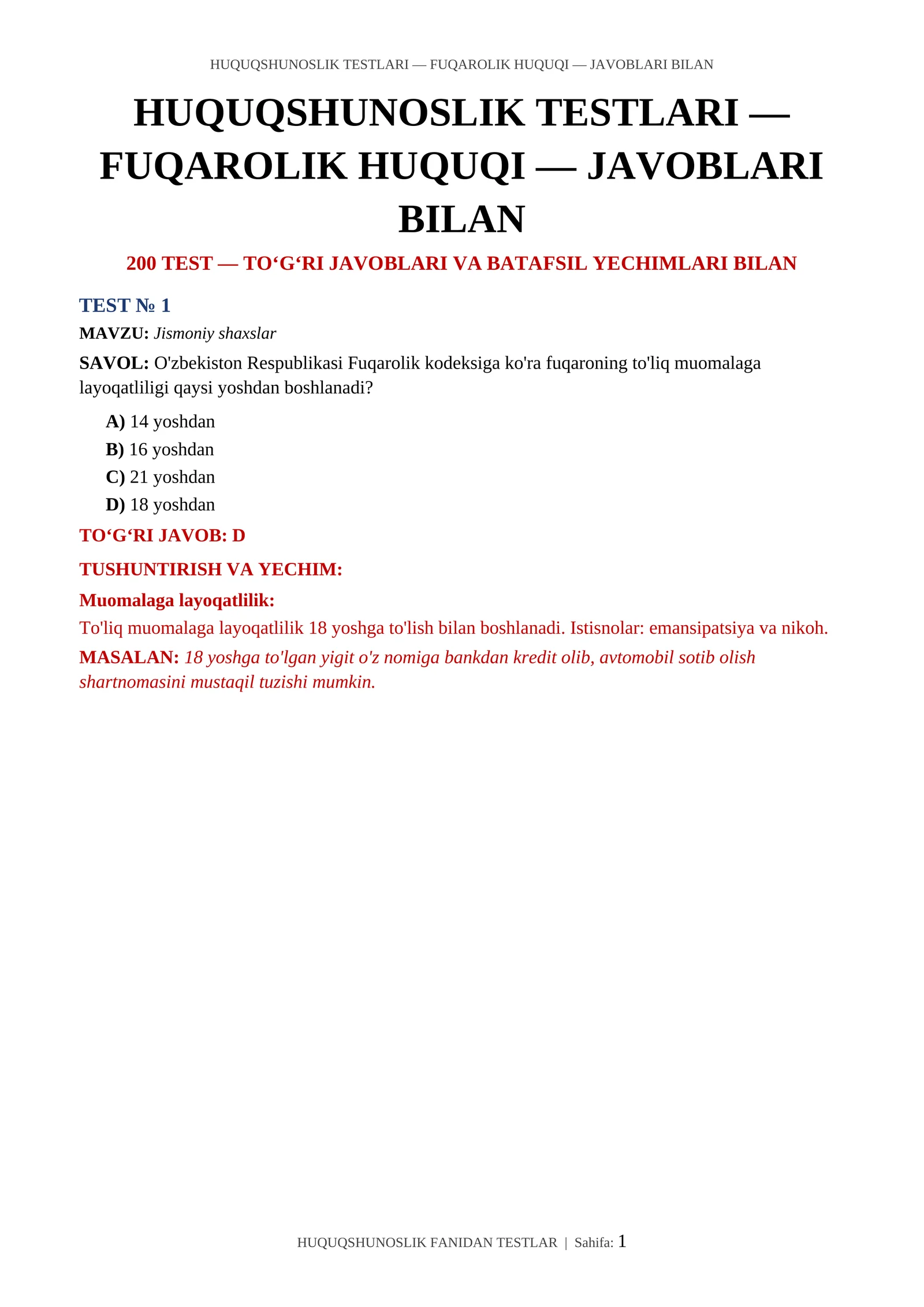 HUQUQSHUNOSLIK TESTLARI 1
