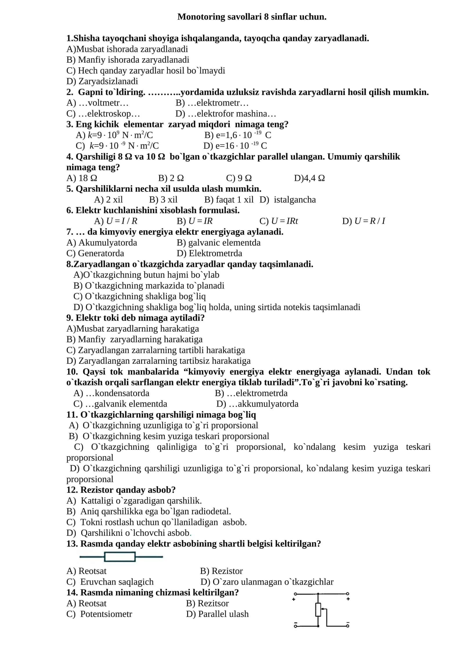 Monotoring savollari 8 sinflar uchun 1