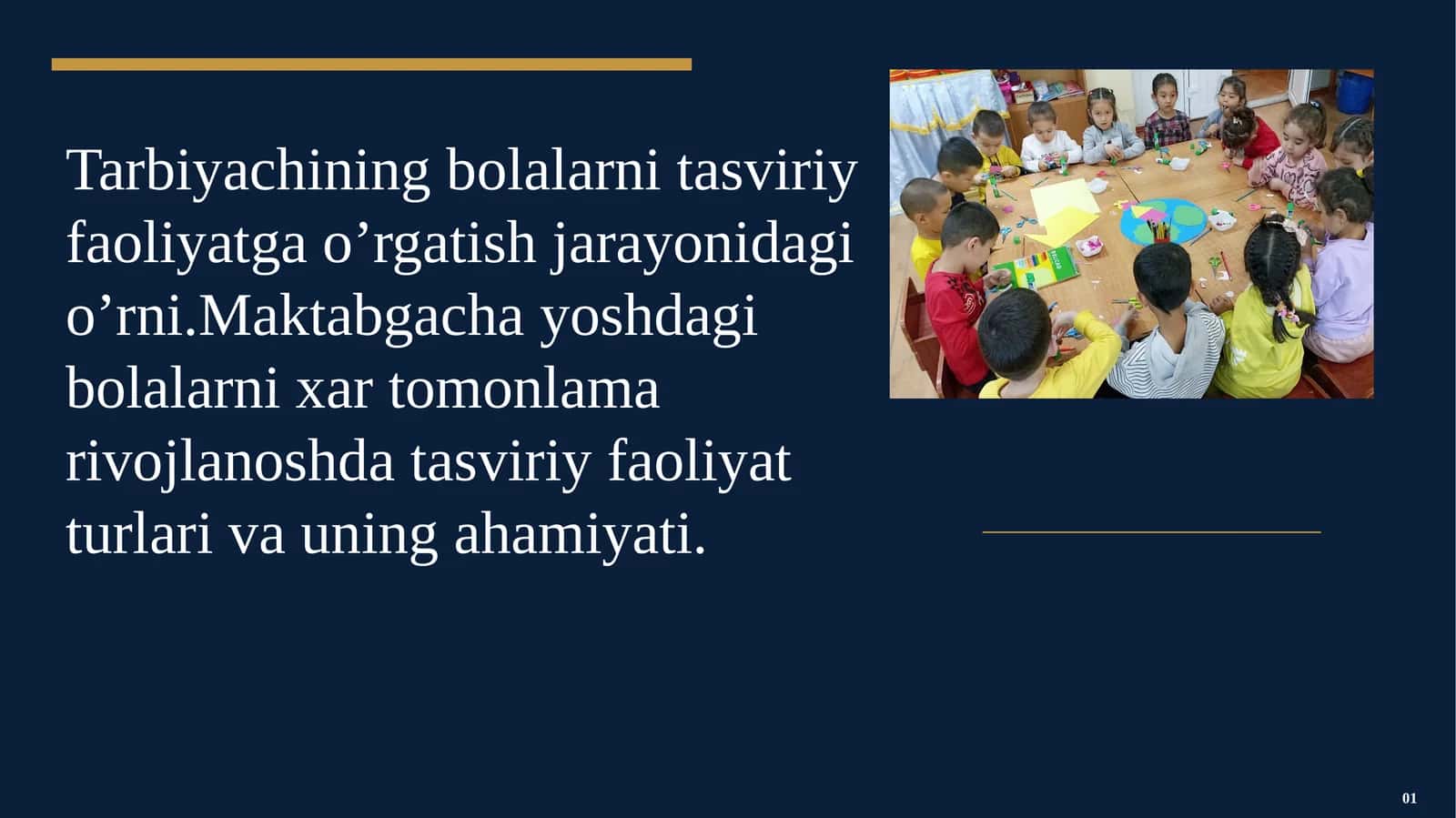 Tarbiyachining bolalarni tasviriy faoliyatga o’rgatish jarayonidagi o’rni.Maktabgacha yoshdagi bolalarni xar tomonlama rivojlanoshda tasviriy faoliyat turlari va uning ahamiyati 1