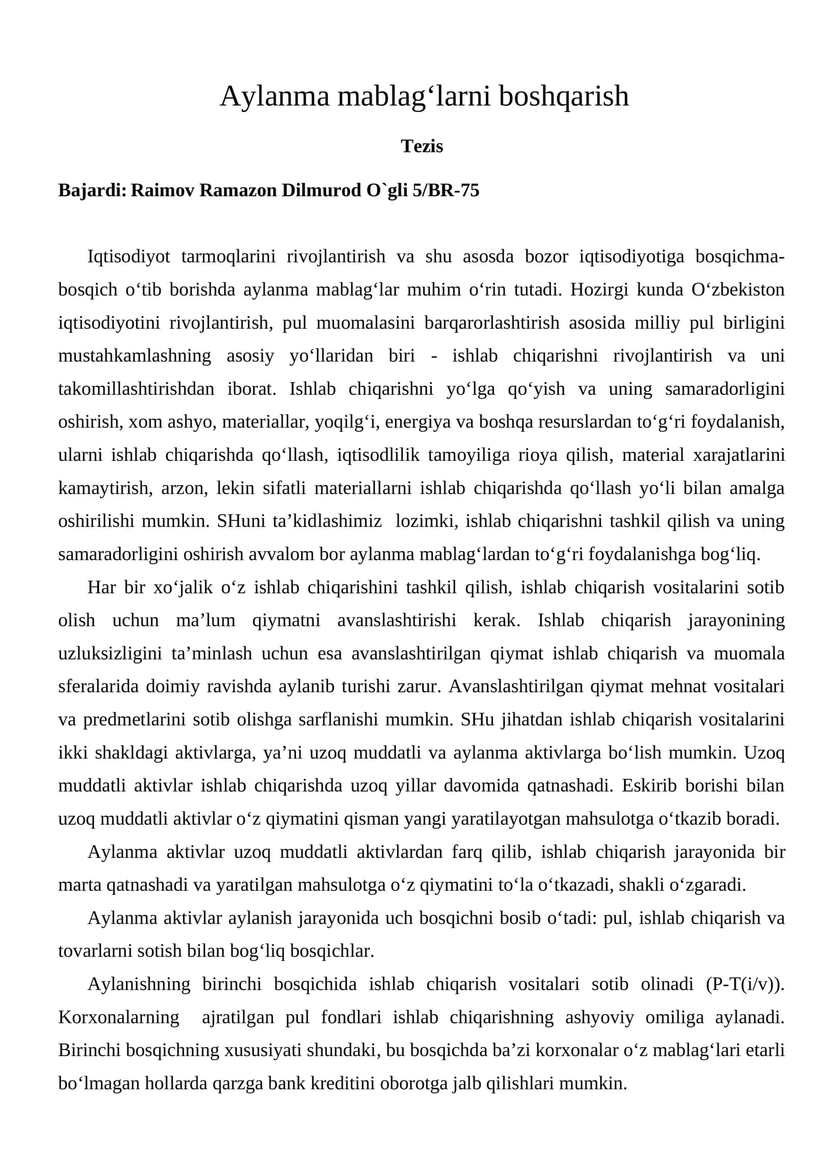 Aylanma mablag‘larni boshqarish 1