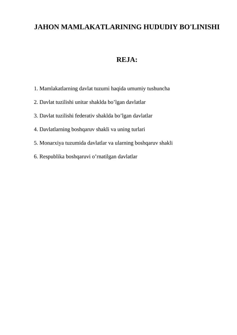 JAHON MAMLAKATLARINING HUDUDIY BO'LINISHI 1