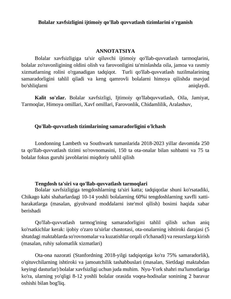 Bolalar xavfsizligini ijtimoiy qo'llab quvvatlash tizimlarini o'rganish 1