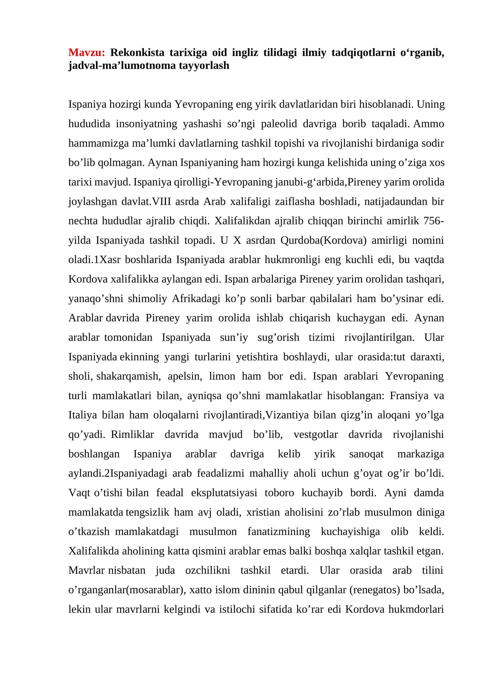 Rekonkista tarixiga oid ingliz tilidagi ilmiy tadqiqotlarni o‘rganib, jadval-ma’lumotnoma tayyorlash 1