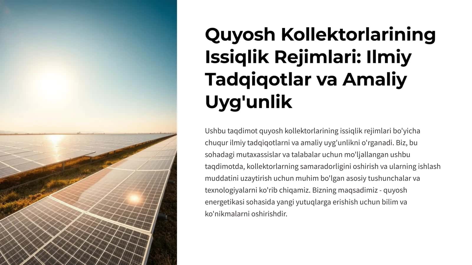Quyosh Kollektorlarining Issiqlik Rejimlari Ilmiy Tadqiqotlar va Amaliy Uyg'unlik 1
