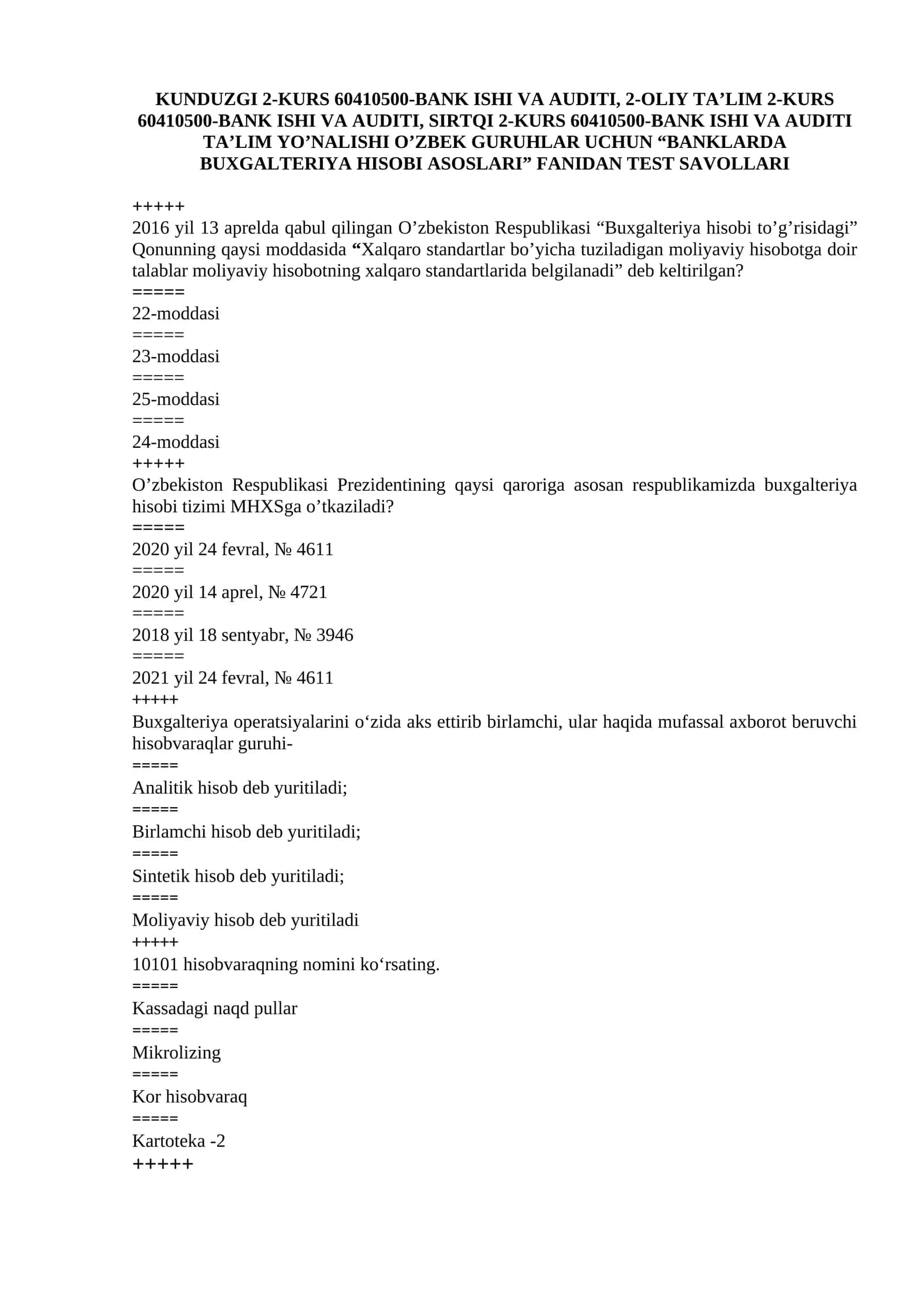 Banklarda buxgalteriya hisobi asoslari BBHA Yakuniy Nazorat 2 TDIU 2026 1