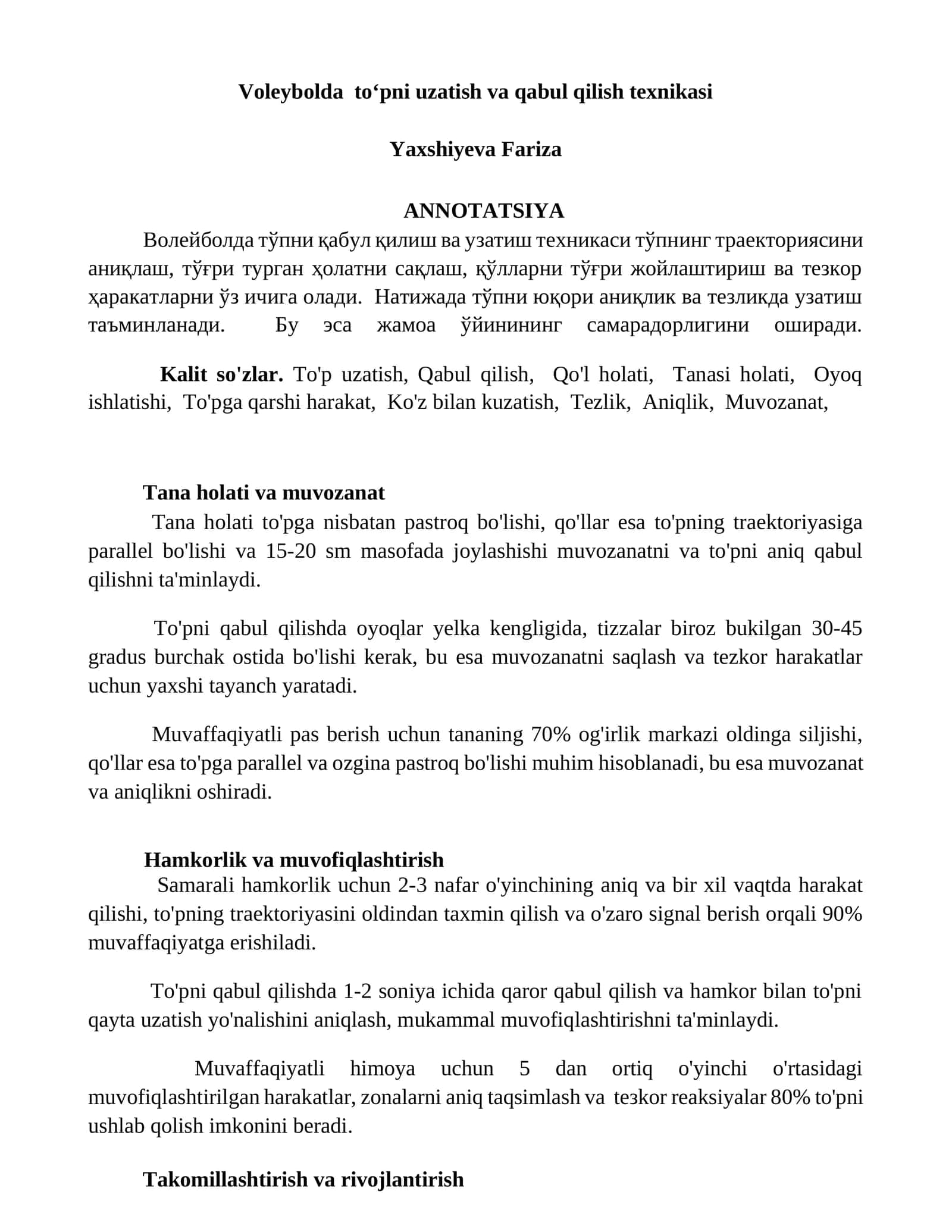 Voleybolda toʻpni uzatish va qabul qilish texnikasi 1
