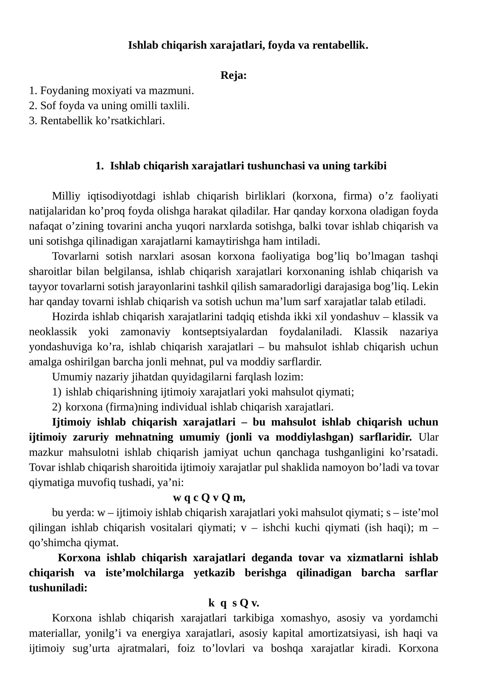 Ishlab chiqarish xarajatlari, foyda va rentabellik 1