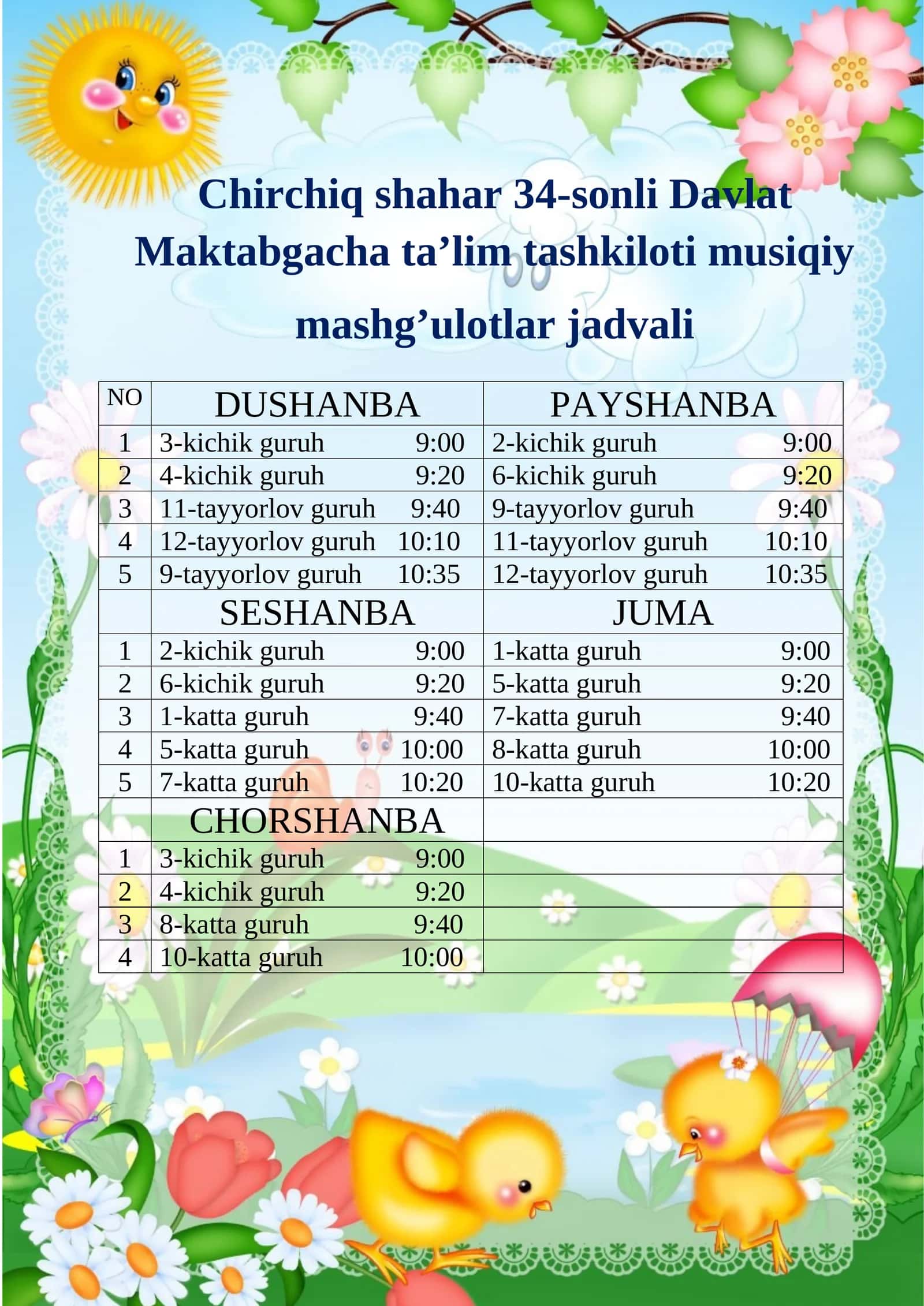 Chirchiq shahar 34-sonli Davlat Maktabgacha ta’lim tashkiloti musiqiy mashg’ulotlar jadvali 1