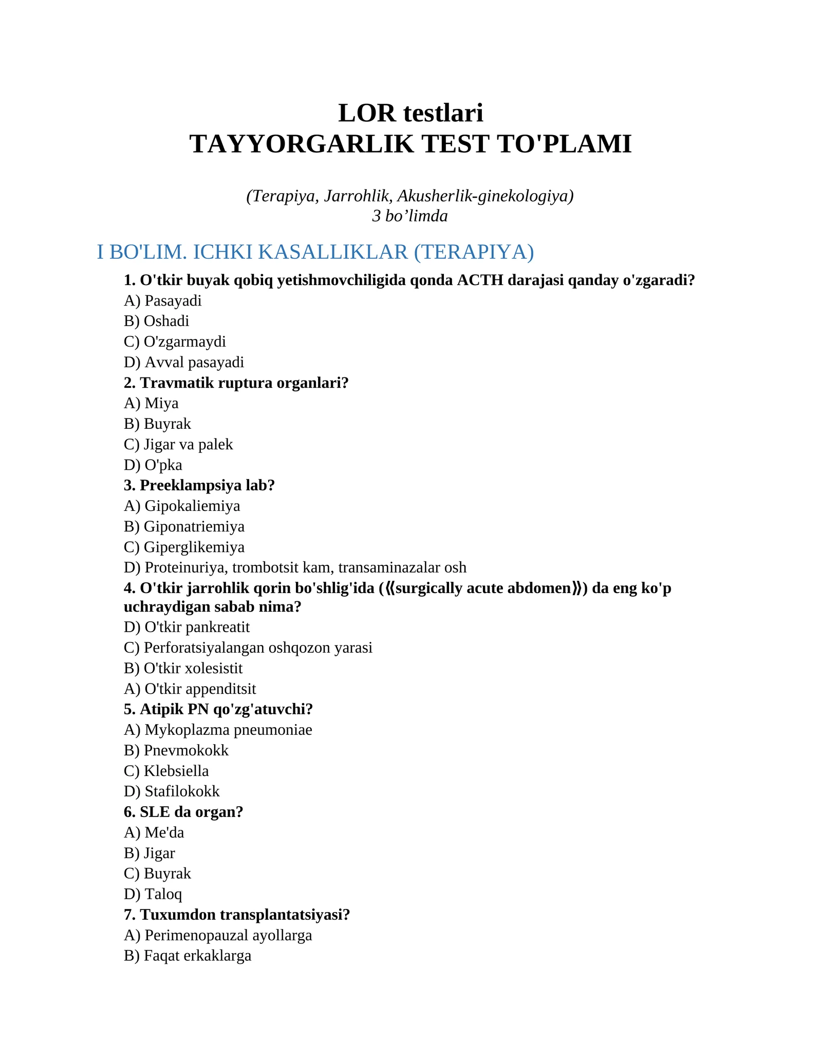 TAYYORGARLIK TEST TO'PLAMI 1