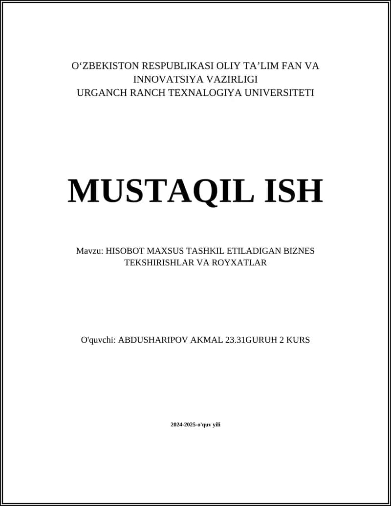 HISOBOT MAXSUS TASHKIL ETILADIGAN BIZNES TEKSHIRISHLAR VA ROYXATLAR 1