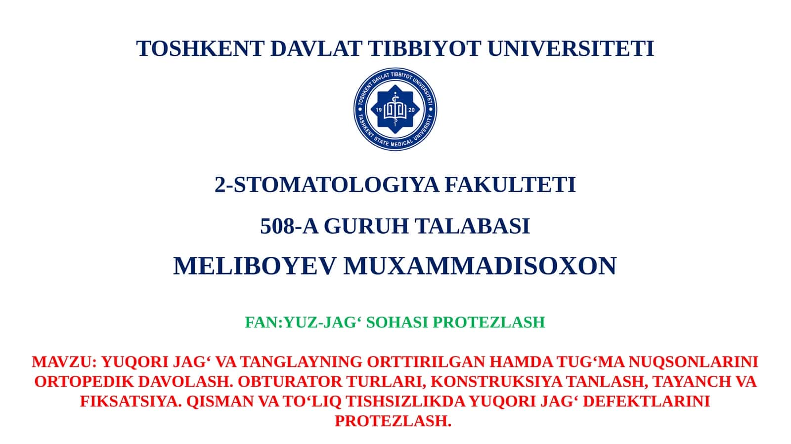 Yuqori Jag' va Tanglayning Ortirilgan Hamda Tug'ma Nuqsonlarini Ortopedik Davolash 1
