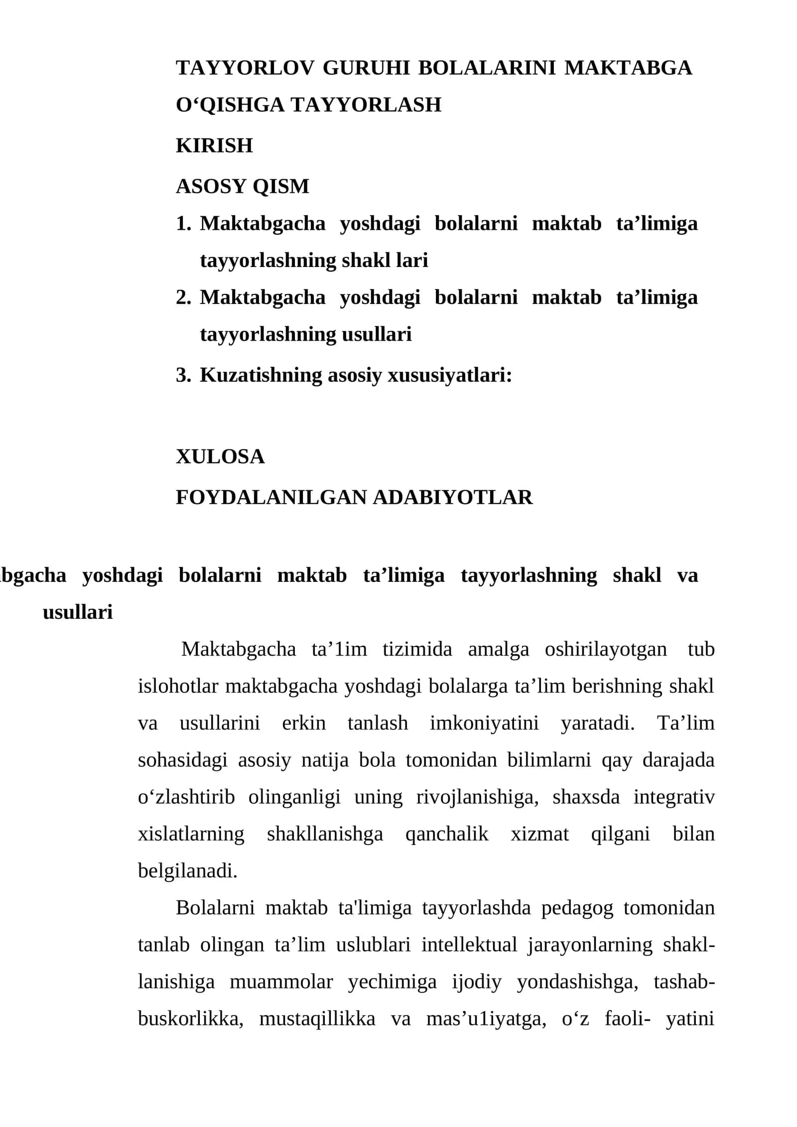 TAYYORLOV GURUHI BOLALARINI MAKTABGA O‘QISHGA TAYYORLASH 1