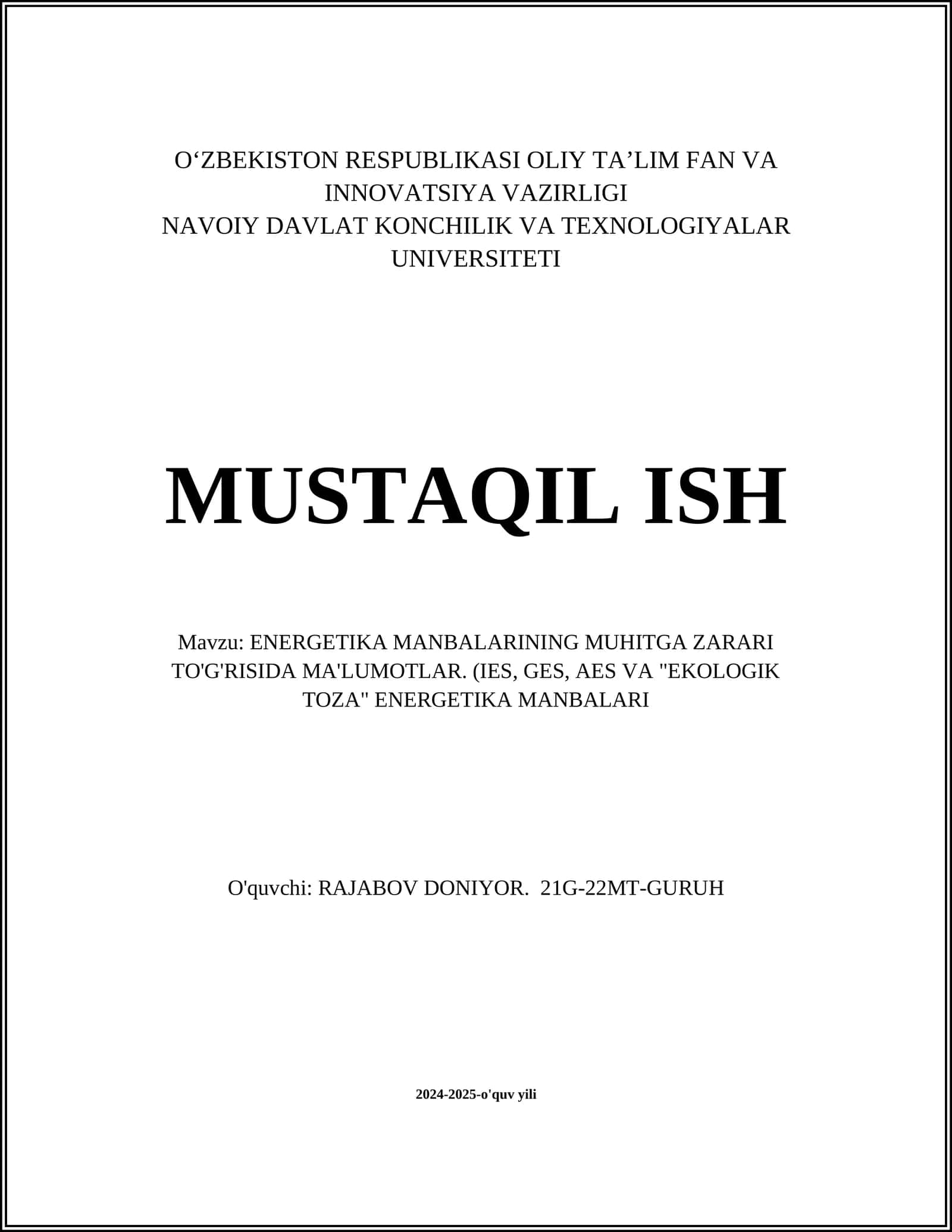ENERGETIKA MANBALARINING MUHITGA ZARARI TO'G'RISIDA MA'LUMOTLAR 1