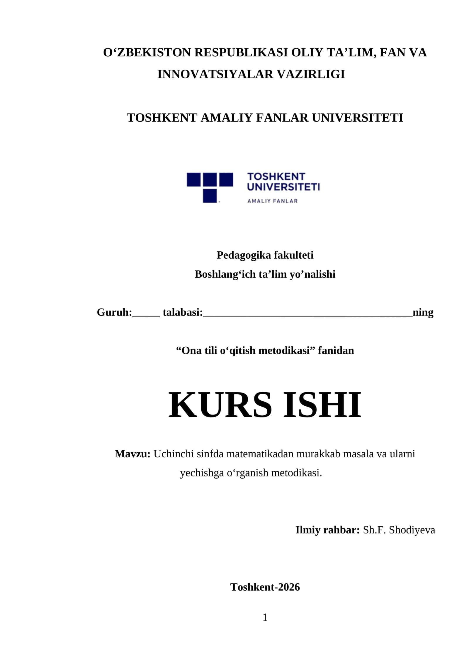 Uchinchi sinfda matematikadan murakkab masala va ularni yechishga oʻrganish metodikasi. 1