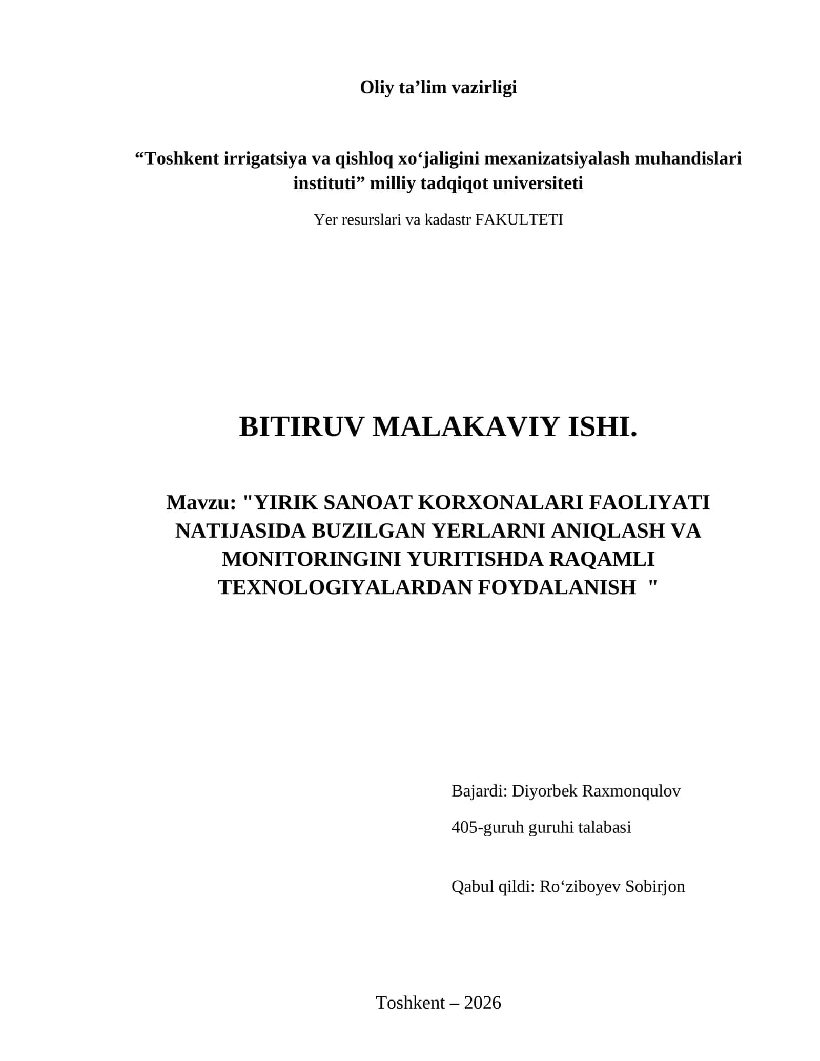 Yirik sanoat korxonalari faoliyati natijasida buzilgan yerlarni aniqlash va monitoringini yuritishda raqamli texnologiyalardan foydalanish 1
