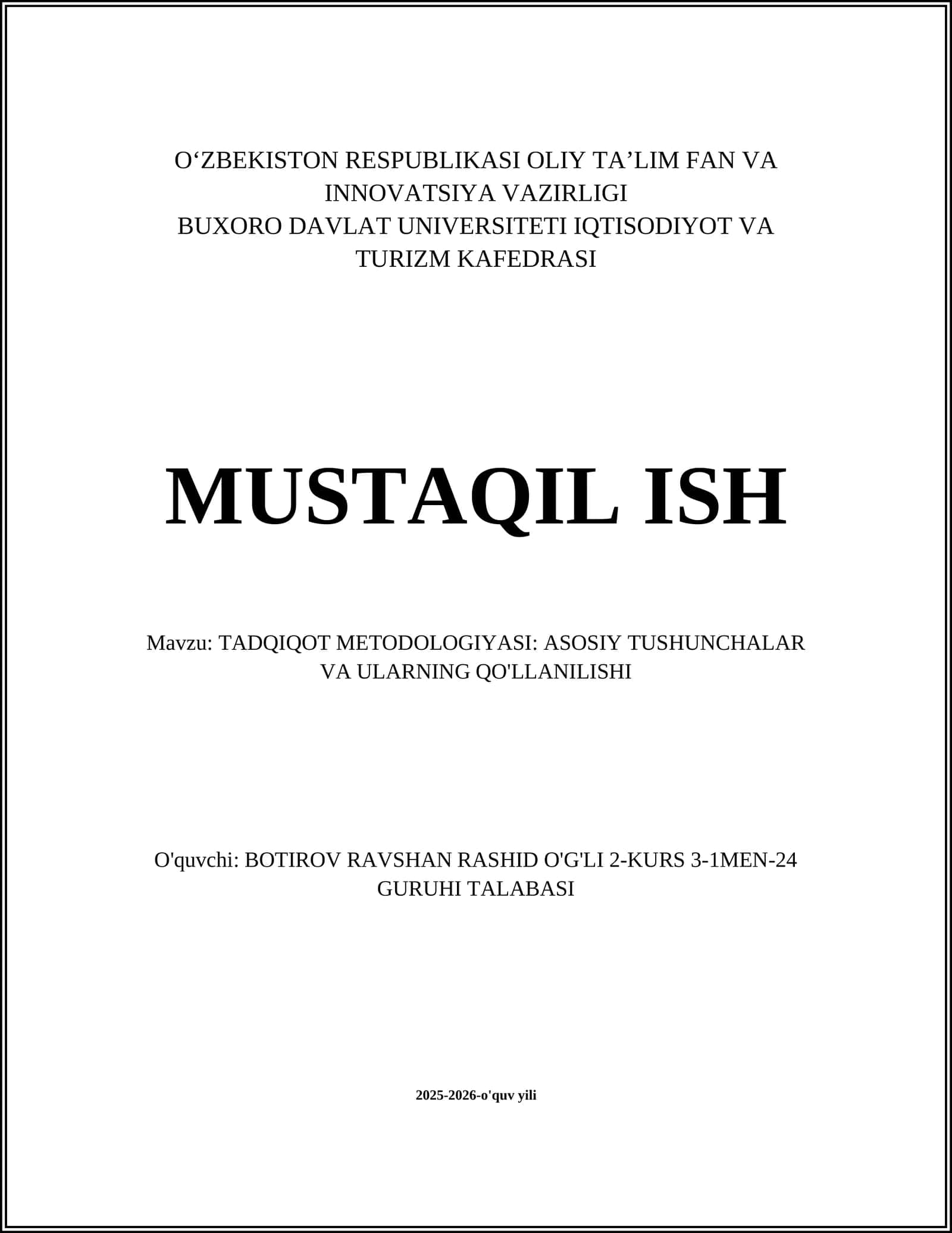 TADQIQOT METODOLOGIYASI: ASOSIY TUSHUNCHALAR VA ULARNING QO'LLANILISHI 1