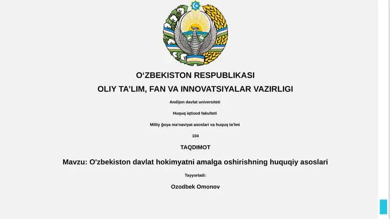 O'zbekiston davlat hokimyatni amalga oshirishning huquqiy asoslari 1